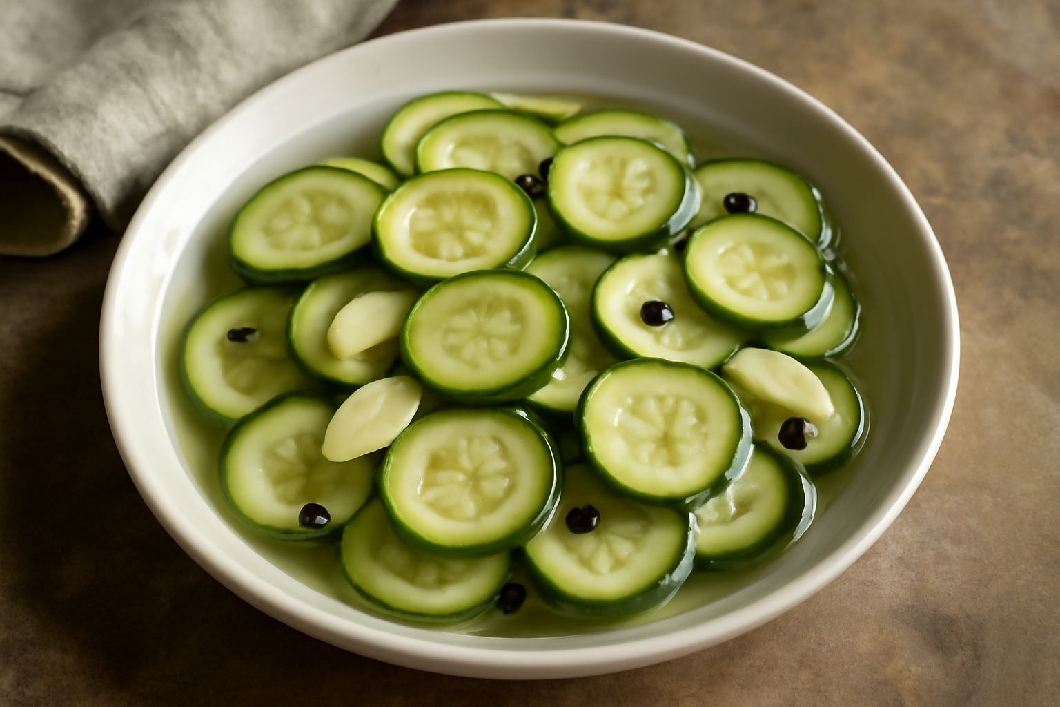 Barattolo di vetro con zucchini affettati croccanti in salamoia trasparente, aceto e aglio, con qualche grano di pepe nero visibile sul fondo, su un piano di marmo bianco