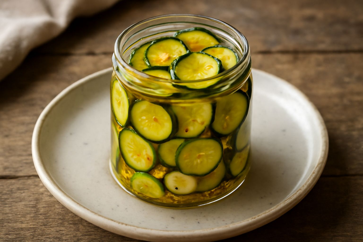 Vasetto di vetro con zucchini a rondelle gialle e verdi immersi in liquido trasparente, con spicchi di aglio e peperoncino rosso visibile, sfondo chiaro