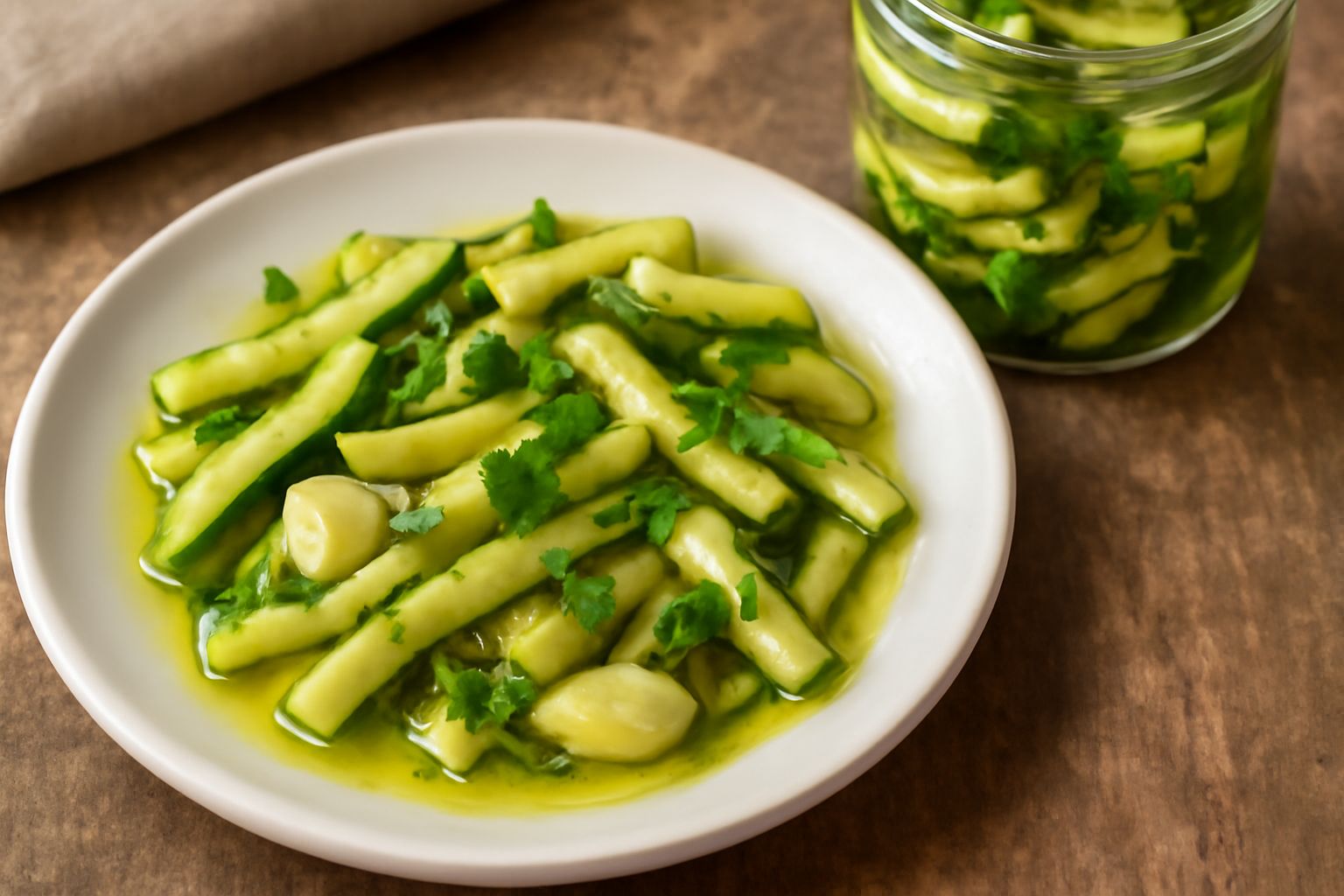 Vasetto trasparente di zucchini sott'olio tagliati a bastoncini sottili, di colore verde chiaro e giallognolo, immersi in olio trasparente con spicchi di aglio e foglie di prezzemolo visibili, su tavo