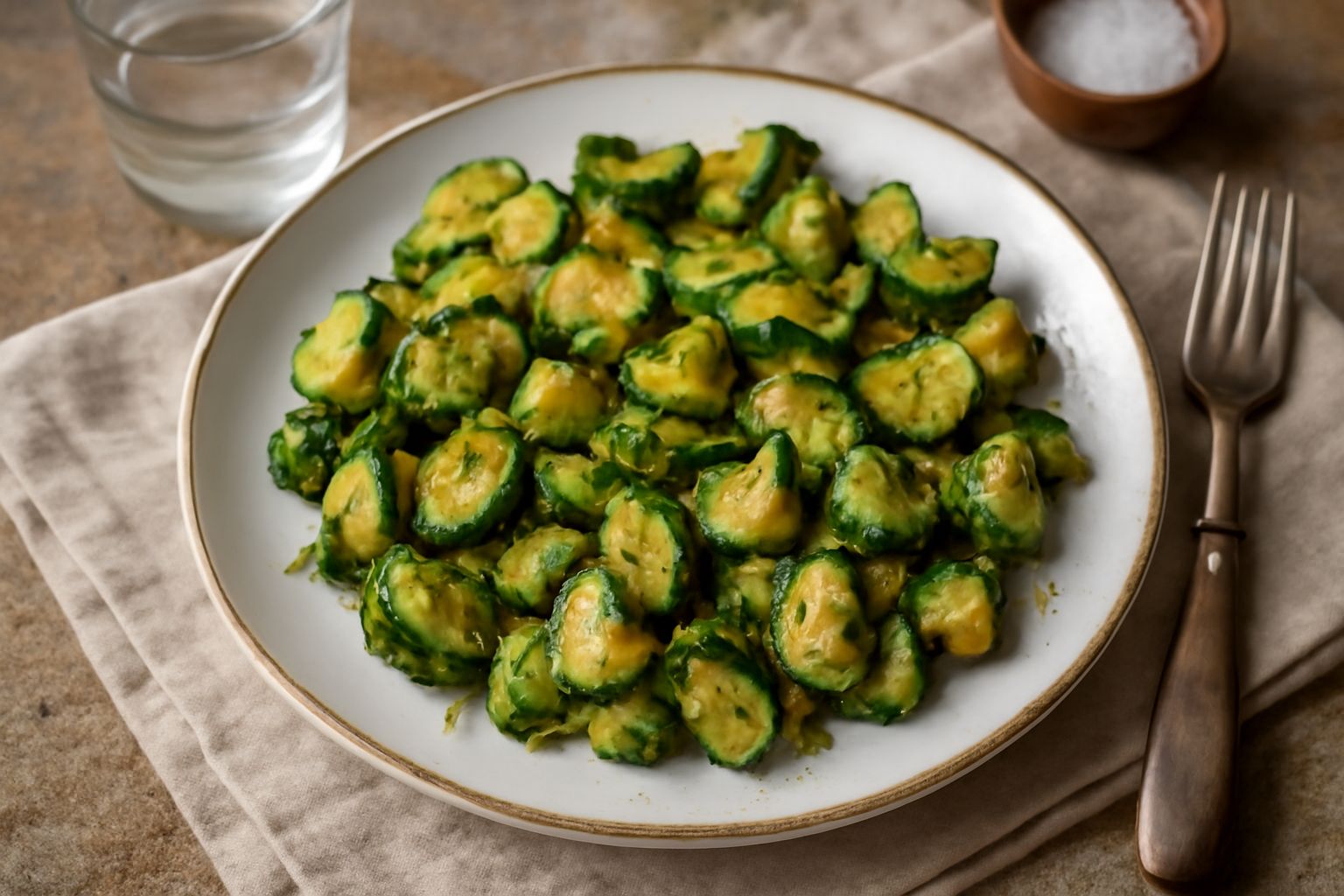 Zucchini verdi affettati in padella di ferro con aglio dorato e prezzemolo fresco verde brillante, vapore leggero, cucchiaio di legno