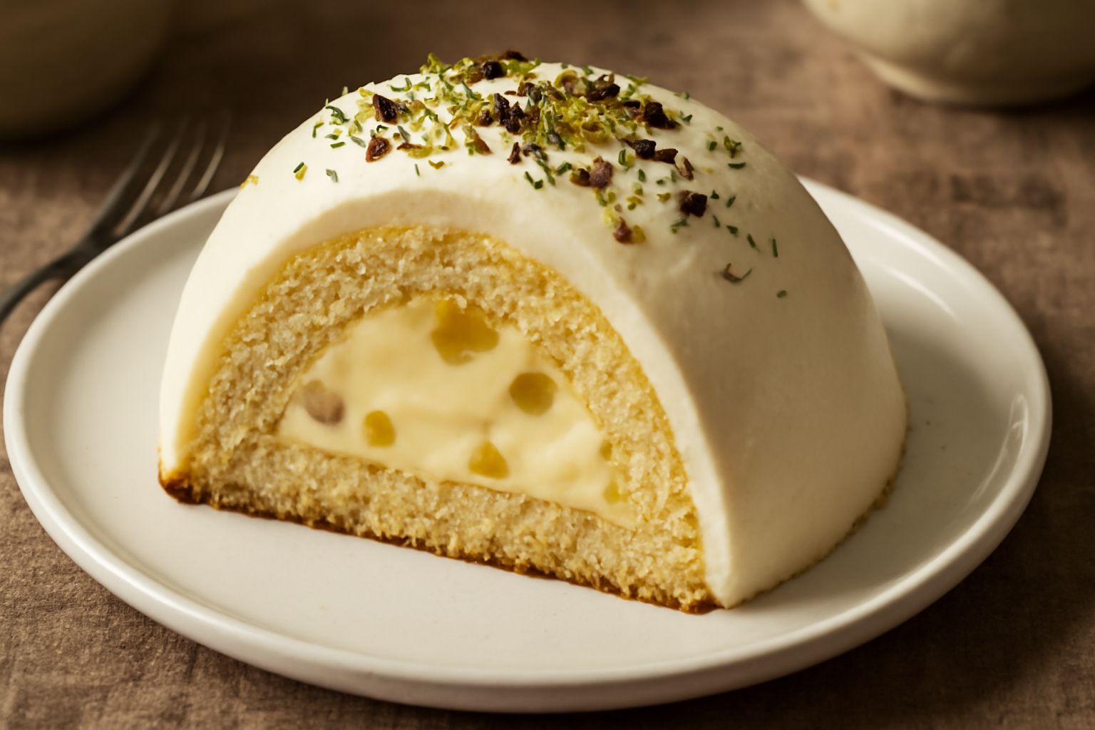 Zuccotto a forma di cupola con crema bianca in evidenza, decorato in superficie con granella di pistacchio e scaglie di cioccolato fondente, su un piatto bianco con una fetta già asportata che mostra 