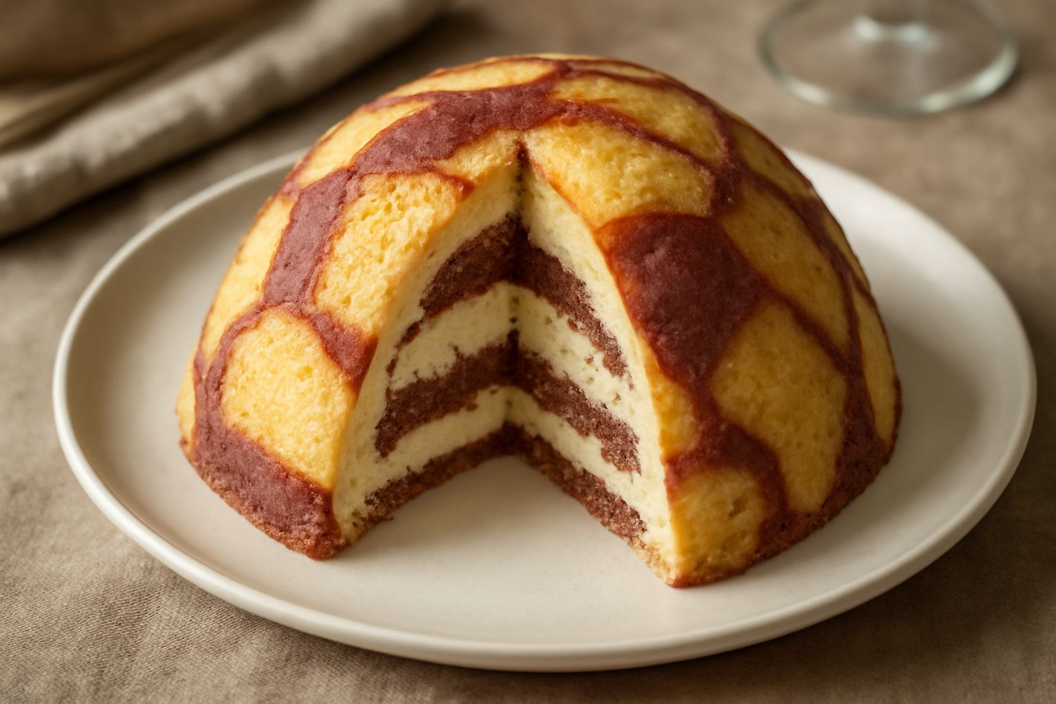 Zuccotto alla fiorentina semisferico tagliato a metà, che mostra lo strato esterno di panettone rosso e bianco e il cuore cremoso di gelato vaniglia e pistacchio, guarnito con panna montata e frutta c