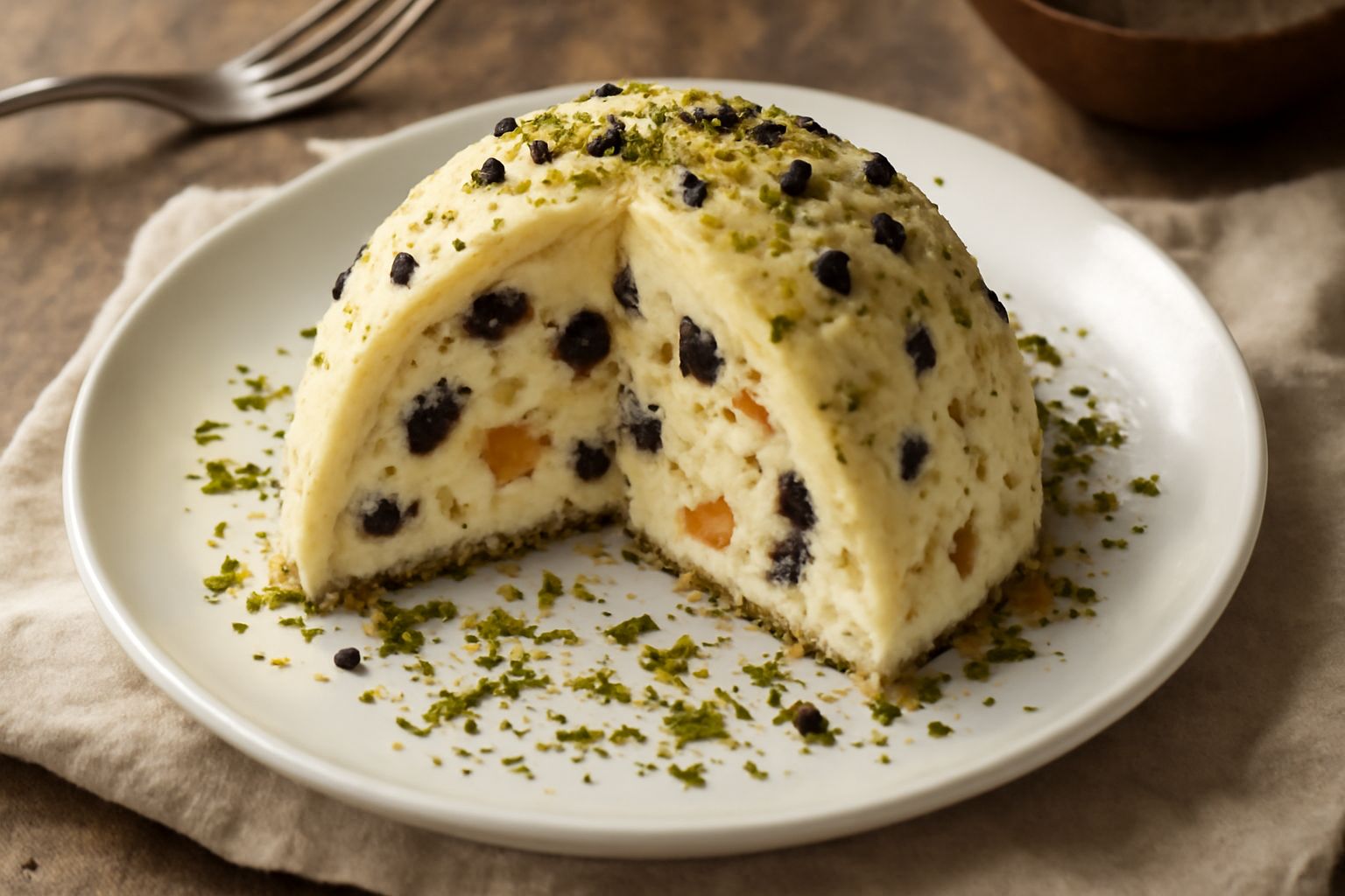 Zuccotto calabrese affettato su piatto bianco, con la cupola dolce color crema visibile dal taglio, gocce di cioccolato fondente e pistacchio tritato in cima, interno stratificato con ricotta e ciocco