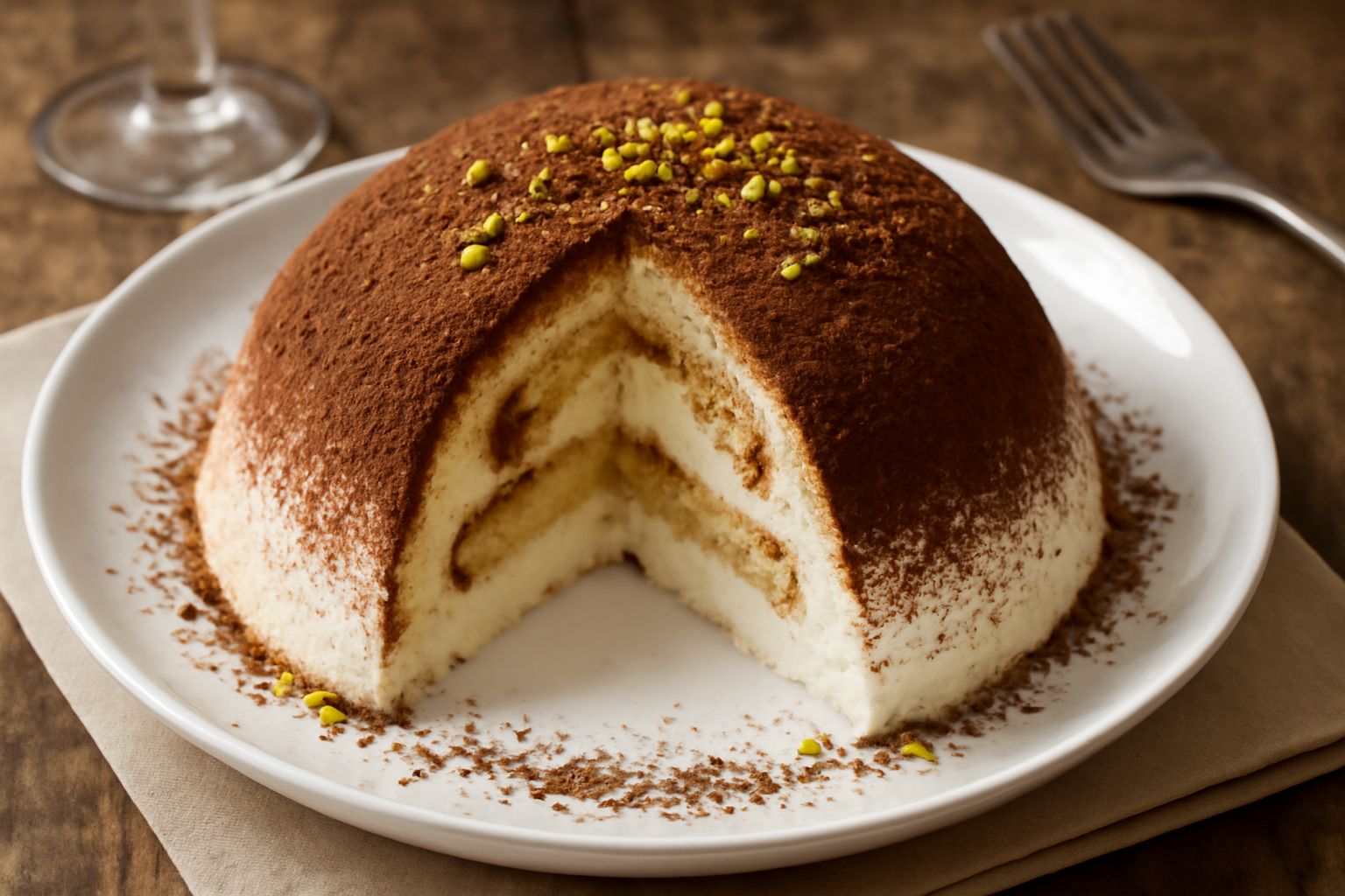 Zuccotto fiorentino a forma di mezza sfera con superficie bianca di gelato alla crema, decorato con gocce di cioccolato scuro e pistacchio tritato, tagliato a spicchi su un piatto blu