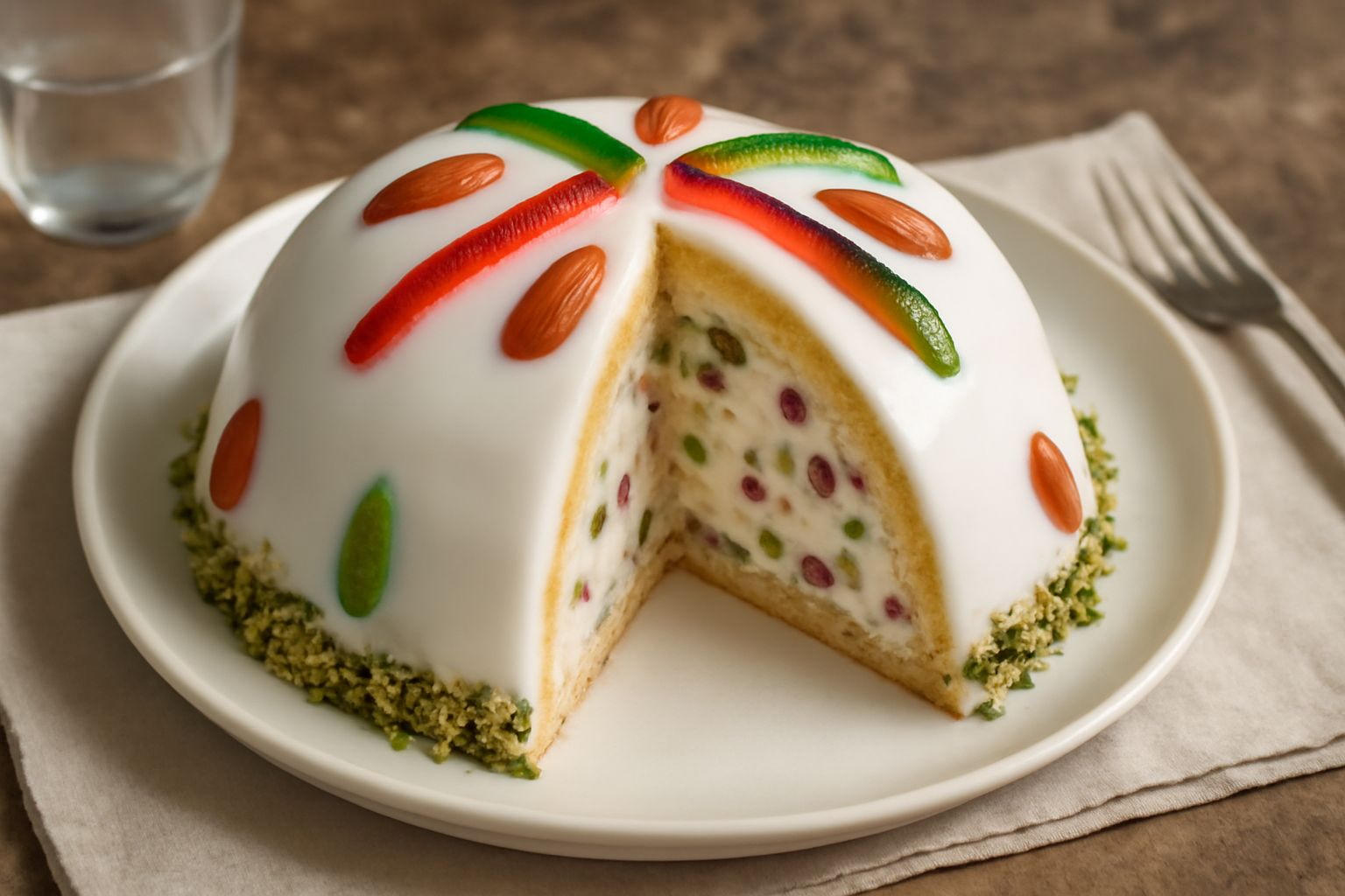 Zuccotto siciliano a forma di cupola, ricoperto di glassa bianca e decorato con canditi rossi, verdi e gialli, tagliato a fette mostrando il ripieno cremoso di ricotta punteggiato di frutta secca e ca