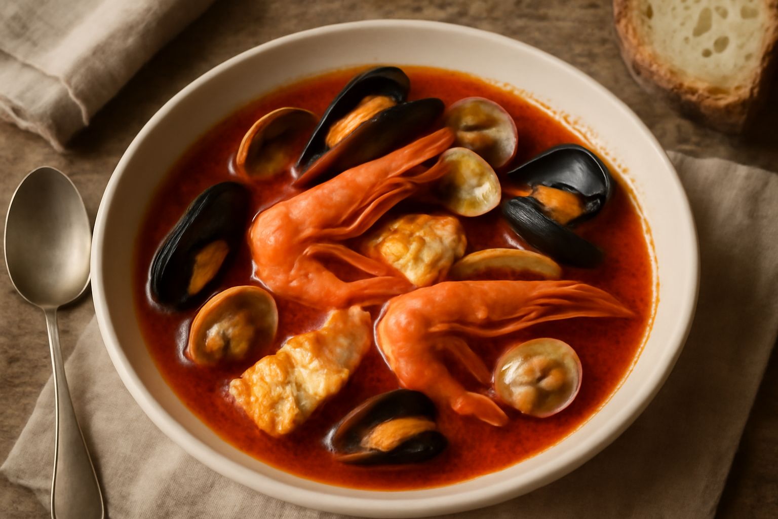 Zuppa di pesce in pentola di coccio con brodo rosso, pezzi di pesce bianco, cozze e vongole, impiattata in scodella di ceramica con fette di pane tostato ai lati