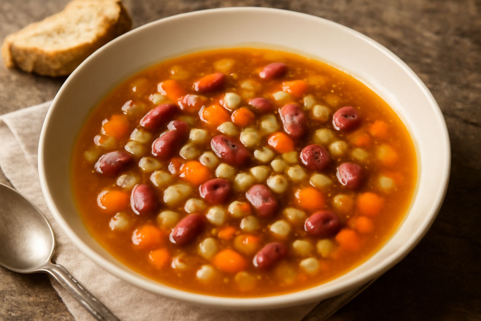 Zuppa alla cremasca in ciotola bianca: brodo trasparente di color ambrato con carote tagliate a dadini arancioni, sedano bianco, fagioli rossi e bianchi, chicchi di riso, prezzemolo fresco verde sopra