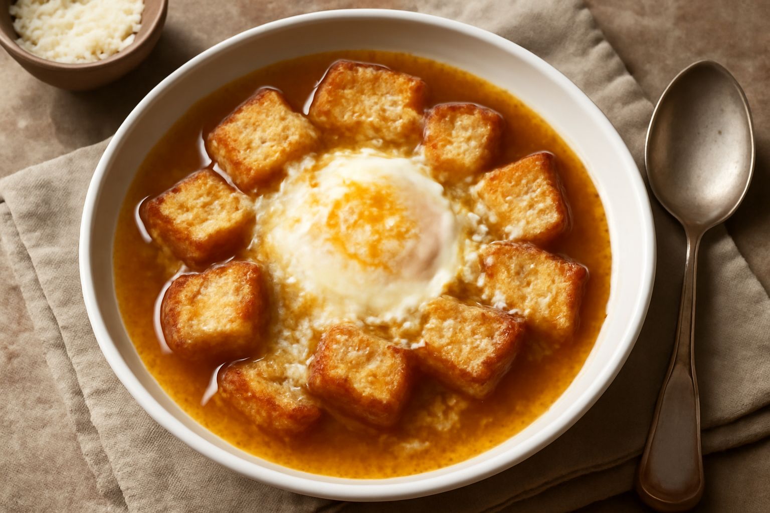 Ciotola di zuppa alla pavese in ceramica bianca con brodo fumante, pezzi di pane dorato, filo d'uovo bianco e formaggio grattugiato in superficie, cucchiaio di legno poggiato sul bordo