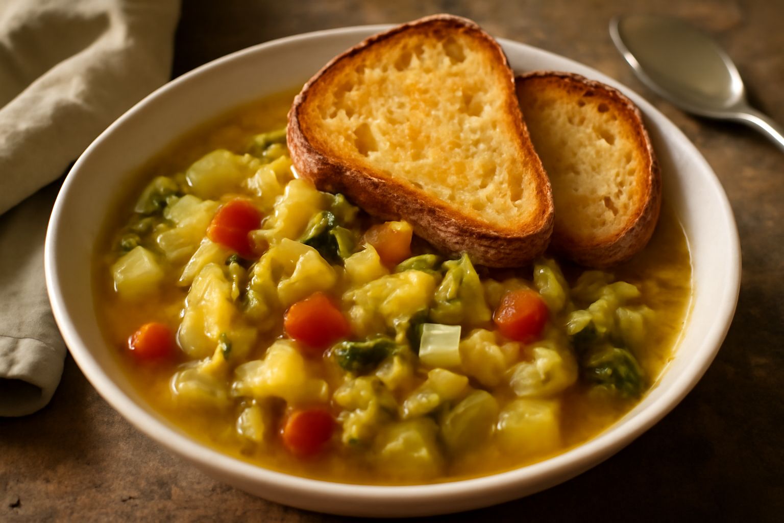 Zuppa d'acquacotta in una ciotola di ceramica bianca, con verdure morbide, pane tostato ai bordi, filo di olio dorato in superficie, e un uovo crudo visibile nel centro del liquido trasparente.