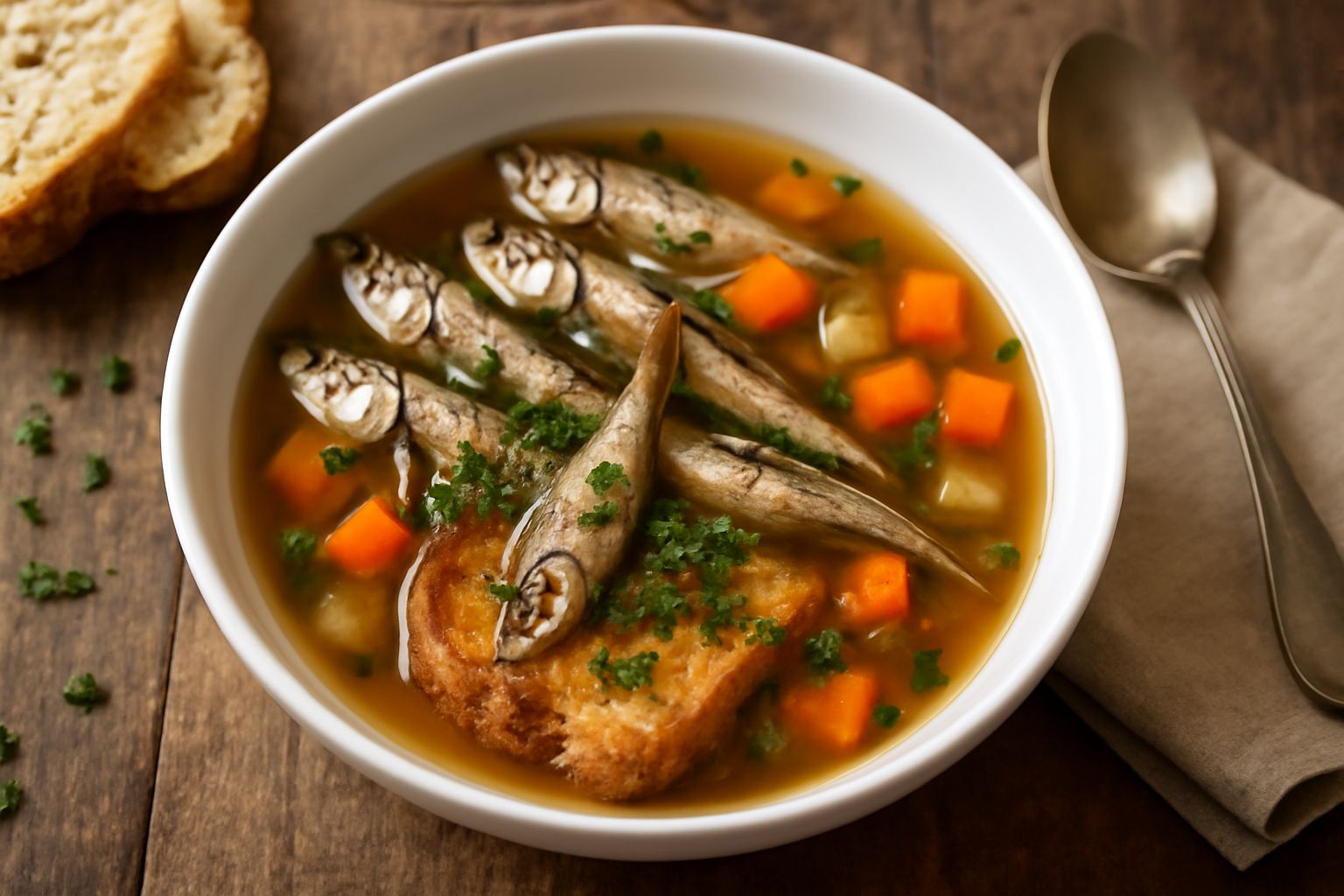 Una ciotola di ceramica bianca ricolma di zuppa d'acquadelle: piccoli pesci interi in brodo trasparente e leggermente ambrato, con dadini di verdure morbide, prezzemolo verde fresco in superficie, acc