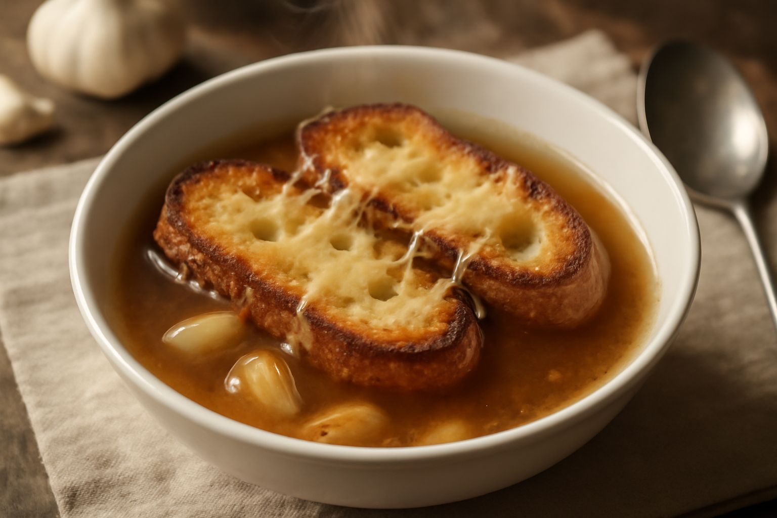 Ciotola di ceramica con zuppa d'aglio fumante, pane tostato dorato galleggiante in brodo trasparente, filo di formaggio filante, aglio intero visibile, cucchiaio di legno appoggiato sul bordo