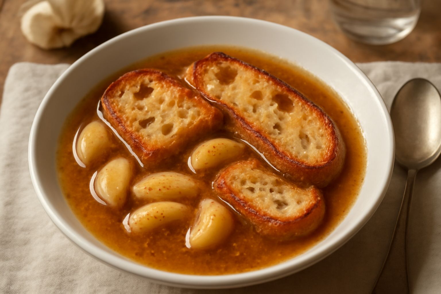 Zuppa d'aglio e pane in ciotola di ceramica bianca, brodo trasparente dorato, fette di pane tostato che galleggiano parzialmente immerse, aglio intero visibile, gocce di olio verde in superficie, cucc