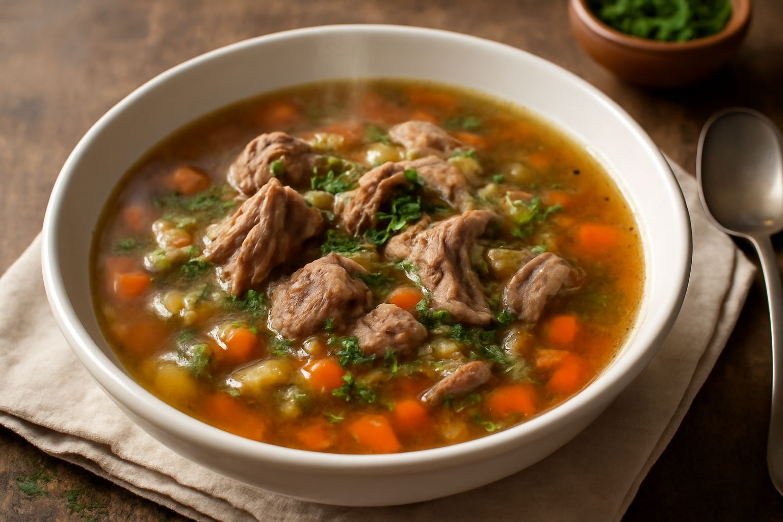 Una ciotola larga di ceramica bianca con zuppa d'agnello fumante: brodo trasparente ambrato, pezzi di carne tenera, carote tagliate a dadi arancioni, sedano verde, cipolla bianca, prezzemolo fresco ve