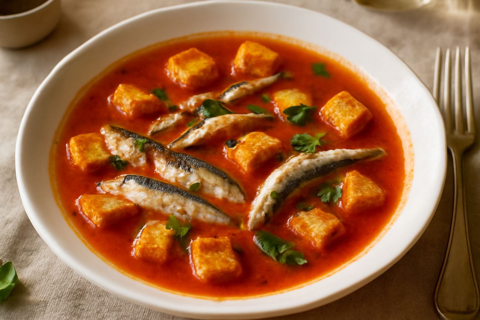 Ciotola di zuppa d'alici con alici intere immerse in brodo rosso pomodoro, accompagnate da fette di pane tostato galleggianti, prezzemolo fresco verde sulla superficie, servita in piatto bianco fondo 
