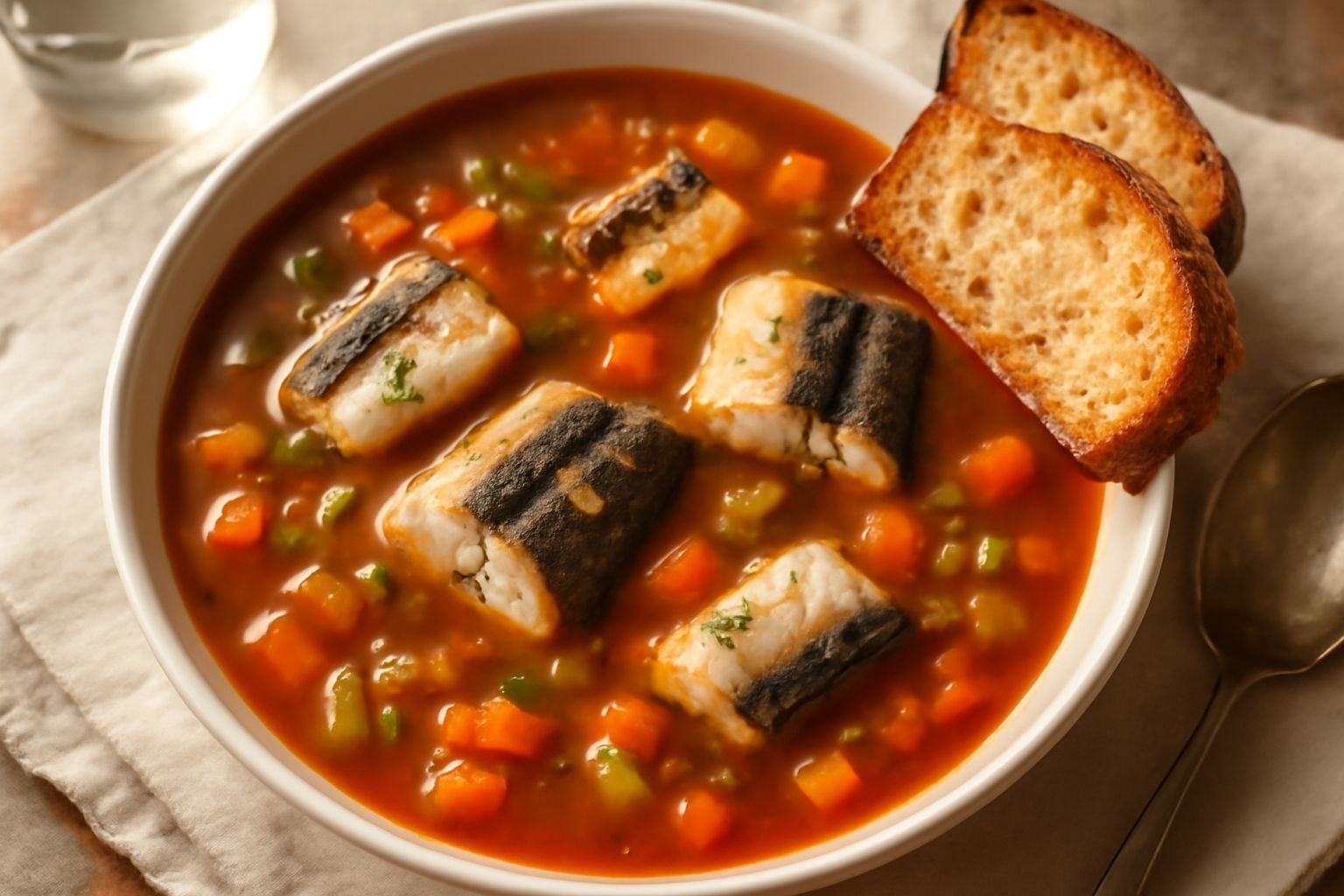 Zuppa d'anguilla in ciotola di terracotta bianca, anguilla a pezzi in brodo color rosso-marrone, pomodori e verdure visibili nel liquido, fette di pane tostato sul bordo, prezzemolo fresco tritato in 