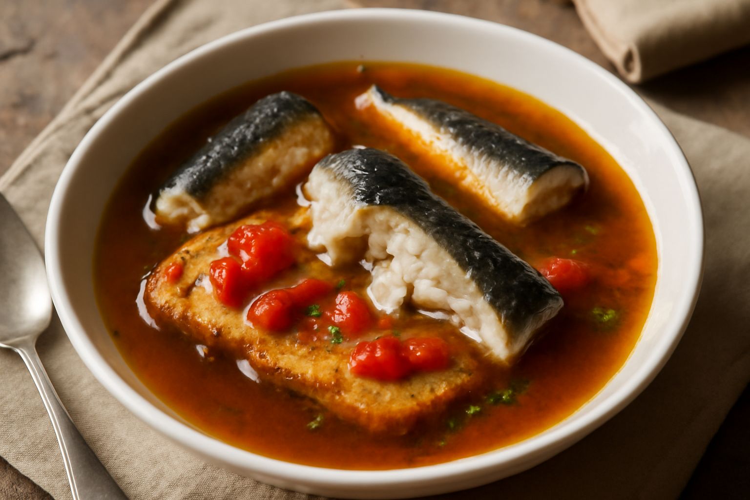 Piatto fondo di ceramica bianca con brodo scuro e denso, filetti di anguilla grigia visibili, pomodori rossi frammezzati, pane tostato nel fondo assorbito dal brodo, cipolla cotta in pezzetti, spruzza
