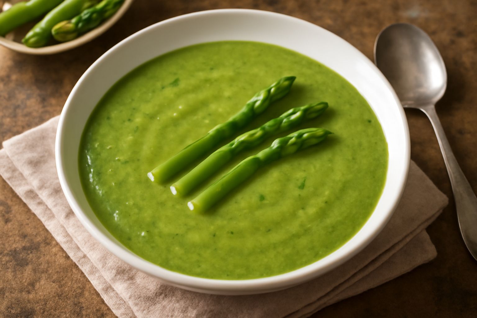 Ciotola di zuppa d'asparagi verde vivace, cremosa, con filo d'olio d'oliva dorato in superficie, servita su tavolo di legno bianco con cucchiaio accanto e rametti di asparagi freschi da un lato