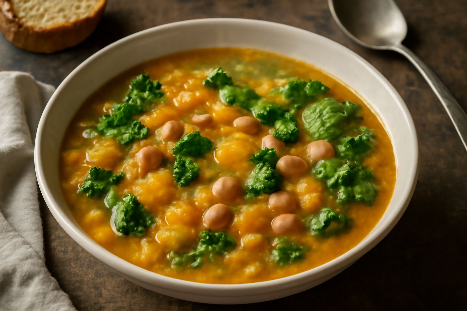 Zuppa densa di colore arancione e verde in ciotola di ceramica bianca, con cavolo soffritto, zucca sfatta e fagioli visibili in superficie, cucchiaio dentro, vapore lieve, su tavolo di legno chiaro co