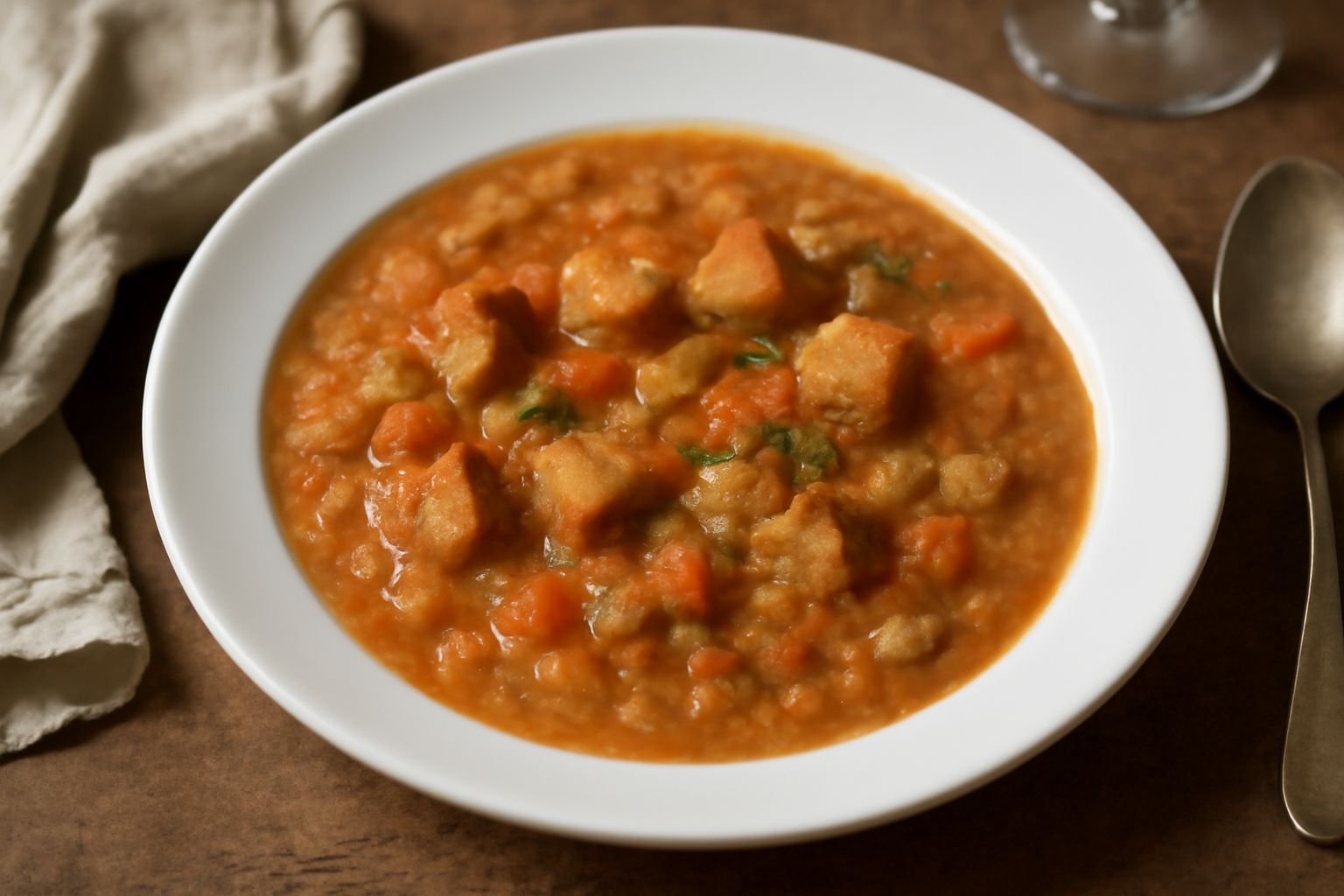 Zuppa densa in un piatto fondo di ceramica beige, con pezzetti di verdure arancioni e verdi visibili nel brodo, fette di pane tostato ai bordi, vapore leggero, cucchiaio in legno appoggiato sul piatto
