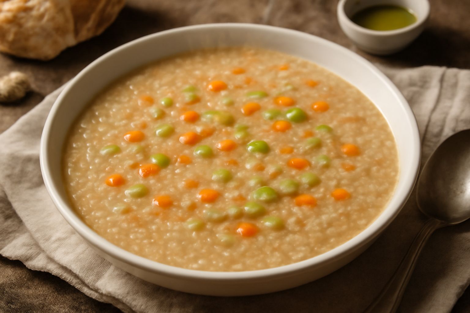 Una ciotola bianca riempita di zuppa d'avena cremosa di colore beige dorato, con verdure tagliate a dadini in superficie, qualche filo d'avena integrale visibile, accompagnata da un cucchiaio e da una