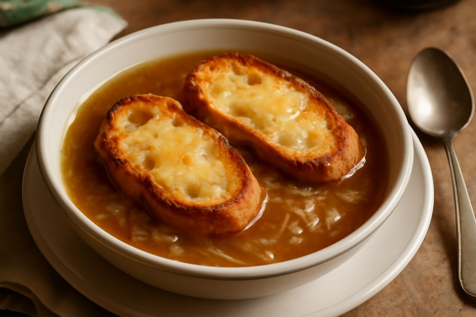 Zuppa di cipolle in una ciotola bianca, brodo trasparente dorato, cipolle caramellate morbide, fette di pane tostato galleggiano in superficie, cucchiaio di legno, tavolo in pietra grigia