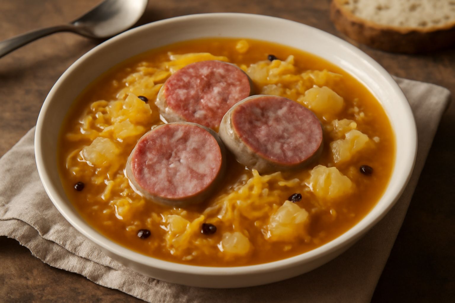 Una scodella bianca colma di zuppa con brodo ambrato, fette di musetto grigio-rosato, crauti giallo-pallido ben visibili, cipolla dorata, con un cucchiaio d'acciaio e pane scuro sullo sfondo