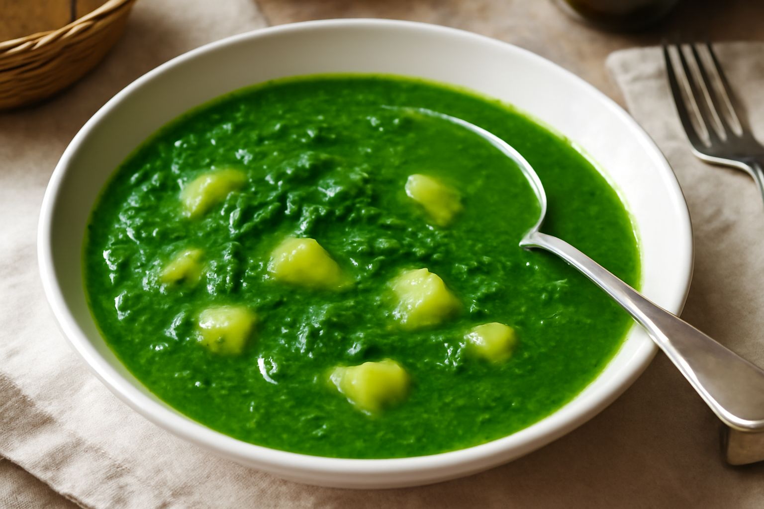 Ciotola bianca colma di zuppa di spinaci verde scuro, con pezzi di patata visibili, condita con un filo d'olio d'oliva e un crostino di pane abbronzato sul bordo