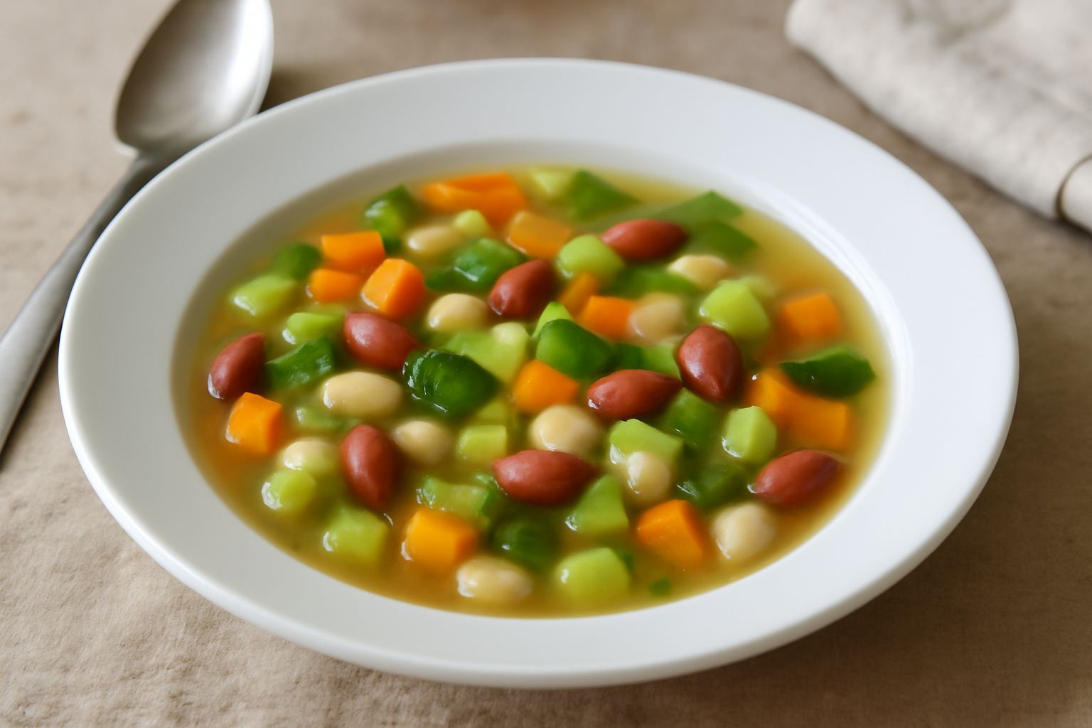 Zuppa d'erbaggi in ciotola bianca: brodo trasparente ambrato con carote a dadini arancioni, sedano bianco, zucchina verde, fagioli rossi e cavolo tagliato. Superficie con gocce di olio d'oliva dorato.