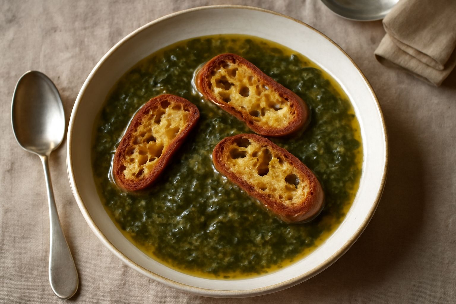 Zuppa d'erbe di campo in una ciotola bianca, con brodo trasparente color oro, frammenti di erbe verdi e grigie, fette di pane tostato sul bordo, su tavolo di legno con tovaglia di lino