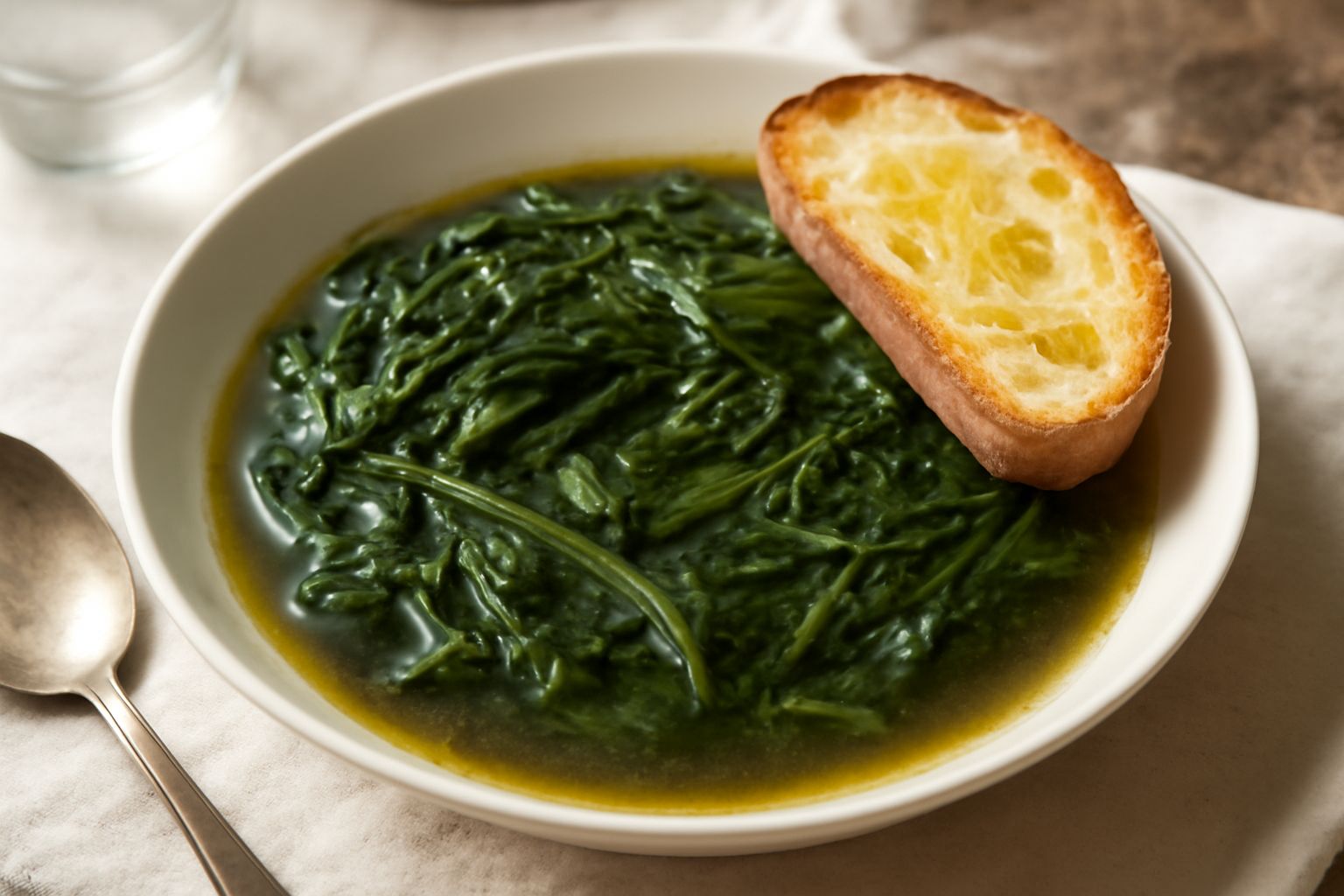 Zuppa d'erbe selvatiche in una ciotola di ceramica bianca, con verdure verdi miste, brodo trasparente ambrato, pane tostato sul bordo, servita su un tavolo di legno rustico