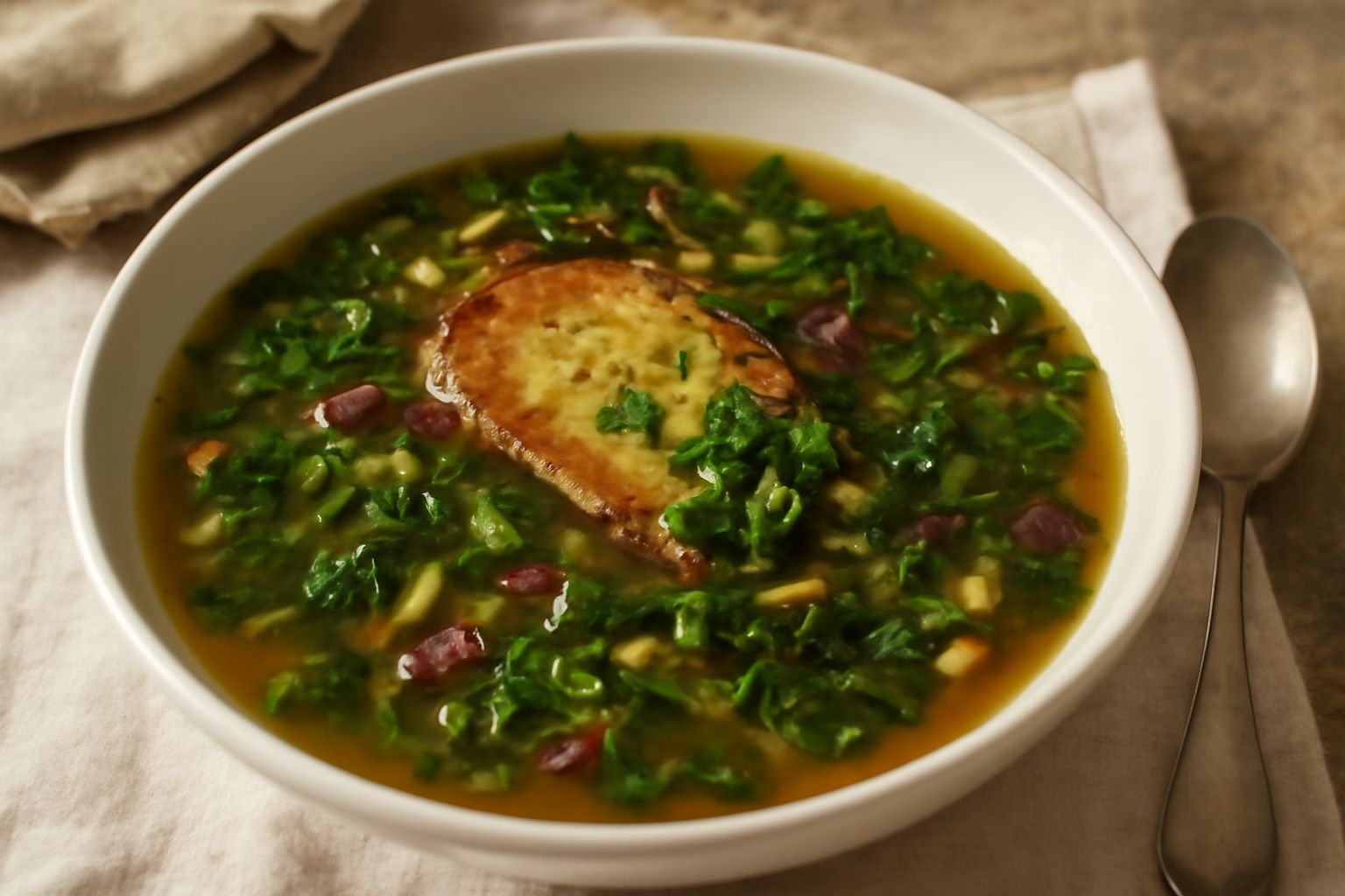 Zuppa d'erbette in ciotola di ceramica bianca, brodo trasparente color oro, erbette verdi e rosse tagliate, fette di pane tostato galleggianti, filo di olio verde in superficie, cucchiaio in ceramica 
