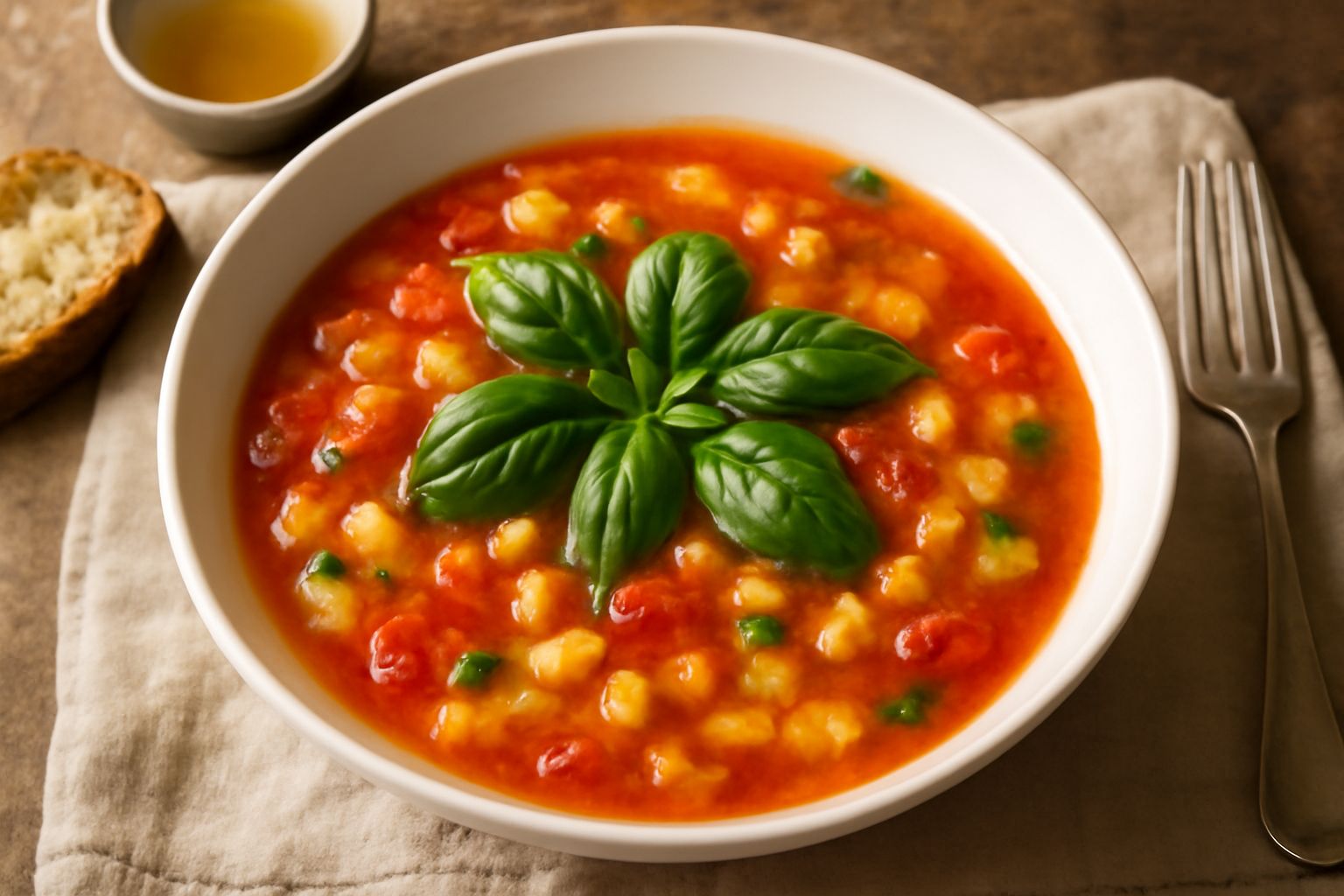 Zuppa in ciotola bianca con pomodori rossi, zucchine gialle tagliate a dadini, fagioli bianchi, basilico fresco verde in superficie, olio d'oliva brillante, servita su tavolo di legno con bicchiere d'