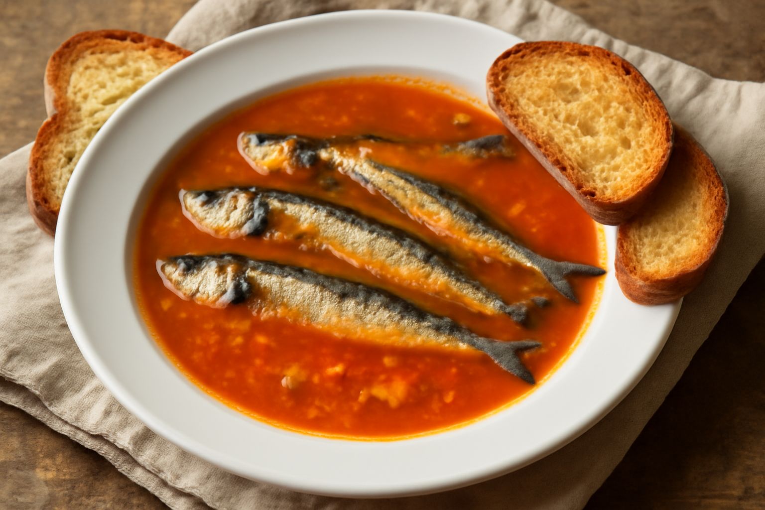 Zuppa di alici in una ciotola di ceramica bianca, con alici intere visibili nel brodo rosato, fette di pane tostato ai bordi, prezzemolo fresco tritato in superficie, vapore leggero che sale dal piatt