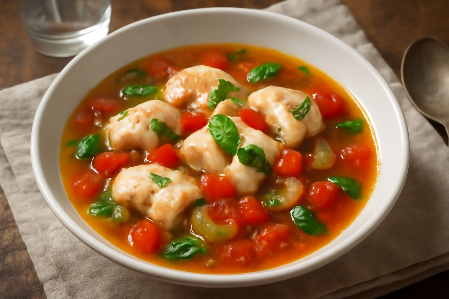 Zuppa di anguilla in ciotola di ceramica bianca, brodo trasparente ambrato con pezzi di anguilla bianca, pomodori rossi, sedano verde, cipolle trasparenti, basilico fresco sopra, servita con fetta di 