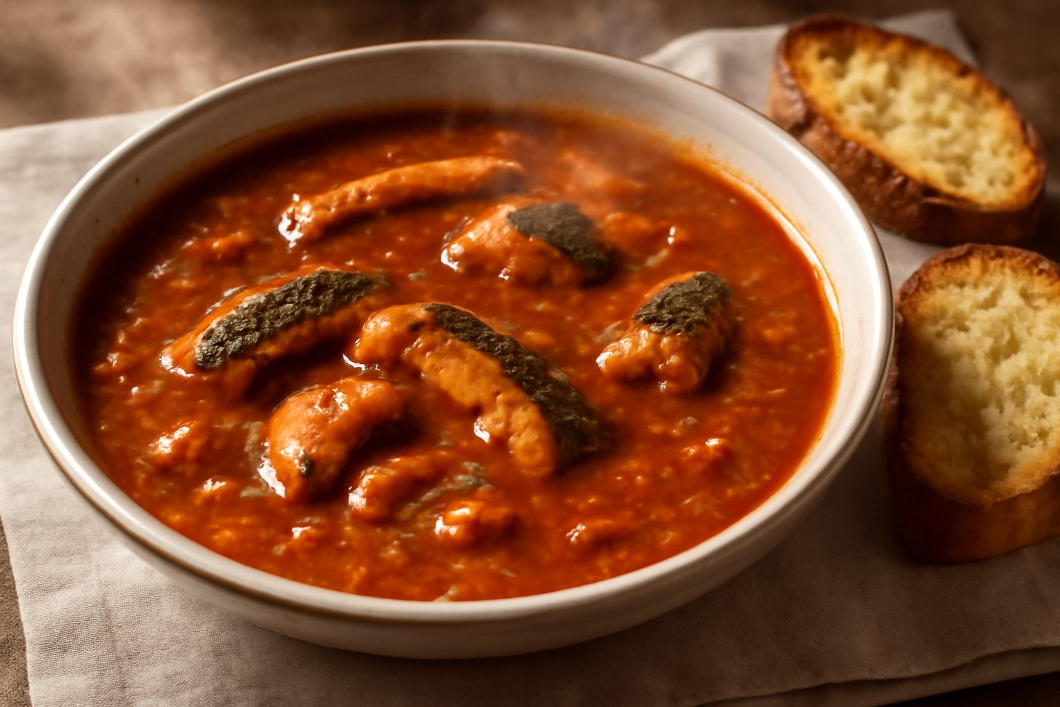 Una ciotola di ceramica bianca con zuppa di anguille scura e profumata, pezzi di anguilla visibili nel brodo rossiccio, guarnita con prezzemolo fresco, contornata da fette di pane tostato e un cucchia