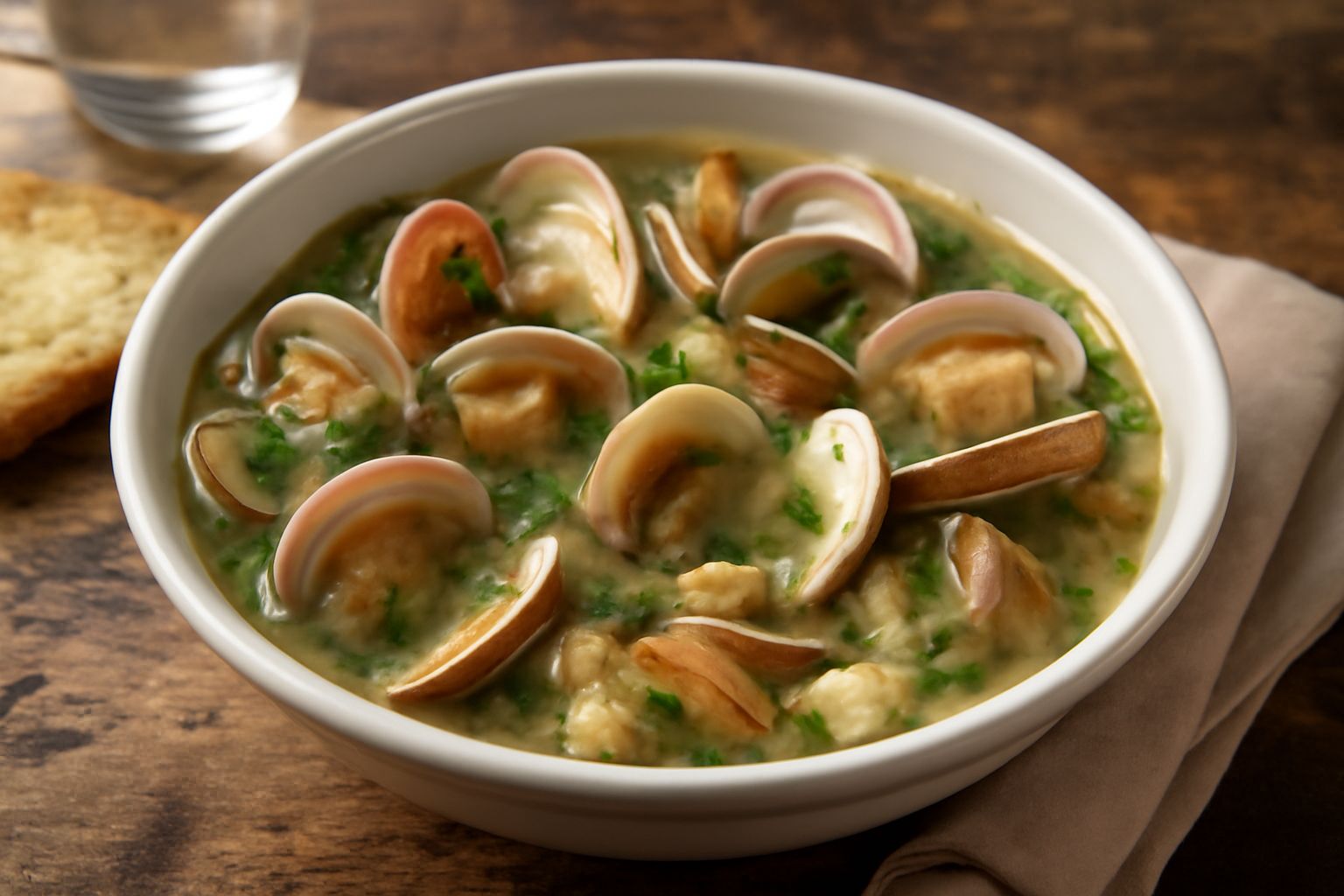 Zuppa di arselle in ciotola bianca con molluschi aperti e rossi di pomodoro, pane tostato ai bordi, olio d'oliva verde, prezzemolo fresco sopra, brodo trasparente e caldo