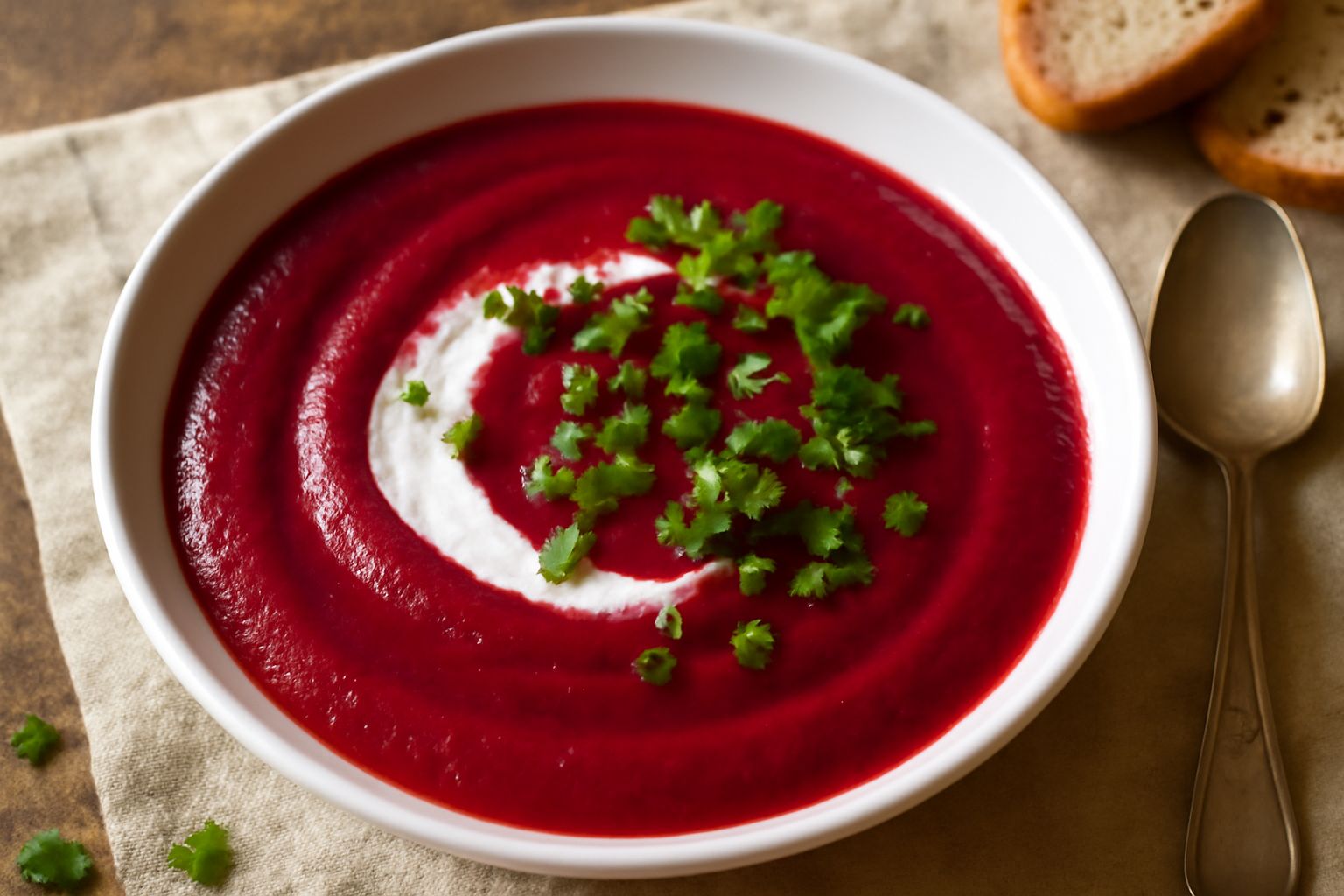 Zuppa di barbabietola cremosa di color rosso vivo servita in una ciotola bianca, guarnita con un filo di panna acida, cipolla verde e una foglia di prezzemolo, su tavolo di legno naturale