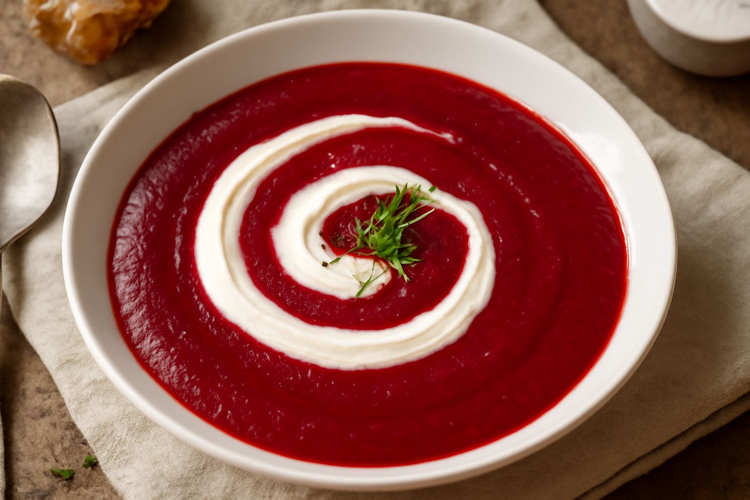 Ciotola di zuppa di barbabietole rosso scuro, vellutata, con una nuvola bianca di panna acida al centro e un cucchiaio di metallo appoggiato sul bordo