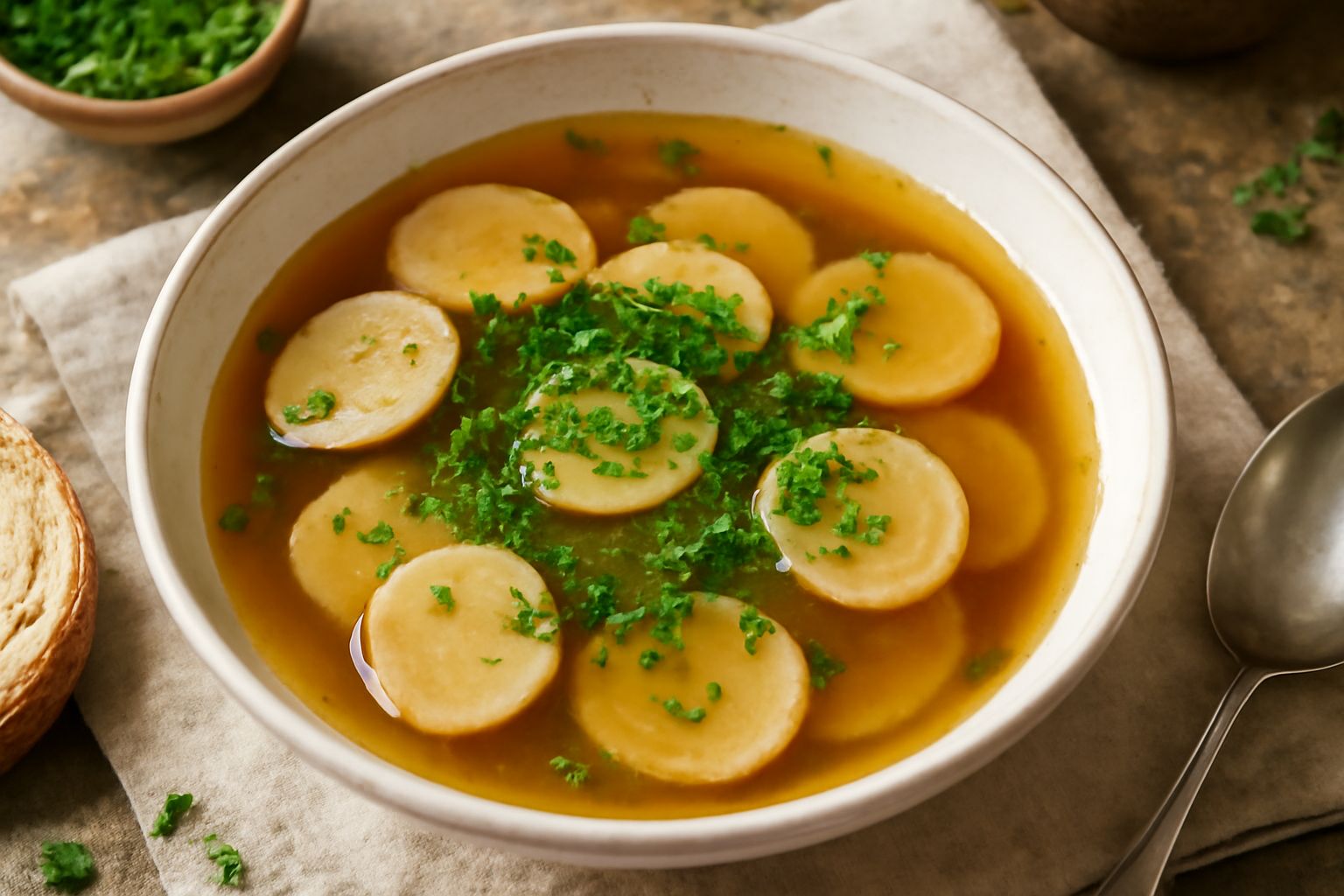 Zuppa di bardana in ciotola di ceramica bianca, con fette di radice translucida in brodo giallo chiaro, prezzemolo verde fresco in superficie, pane tostato a lato
