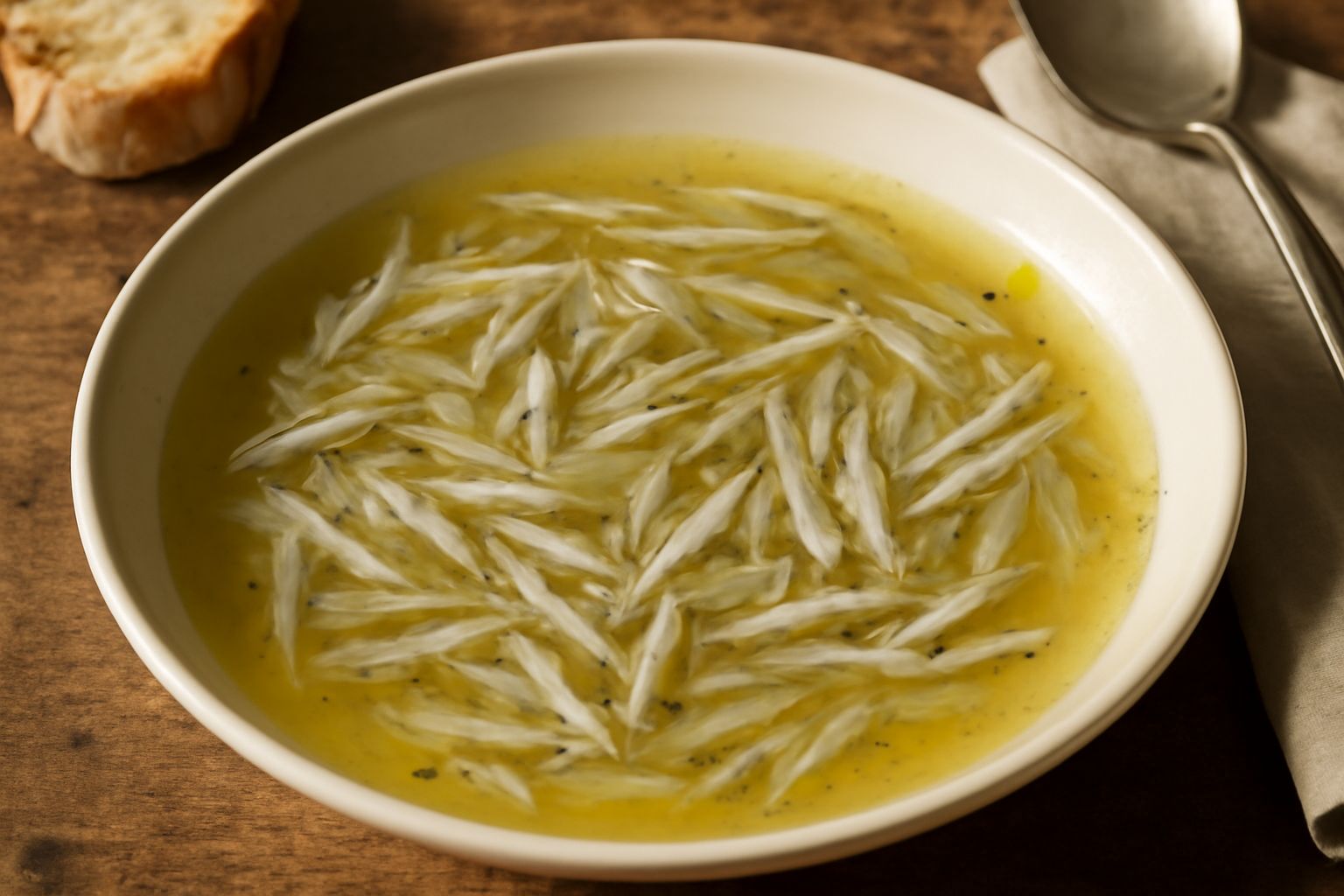 Zuppa di bianchetti in ciotola bianca, liquido trasparente e giallognolo con piccoli pesci interi, olio di oliva in superficie, fette di pane tostato nel piatto, erba cipollina fresca sopra