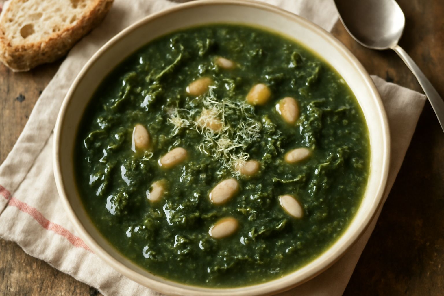 Ciotola di ceramica bianca colma di zuppa con bieta verde intenso, fagioli cannellini bianchi in rilievo e brodo trasparente, filetti di olio d'oliva dorato in superficie, pezzetti di pane tostato sul