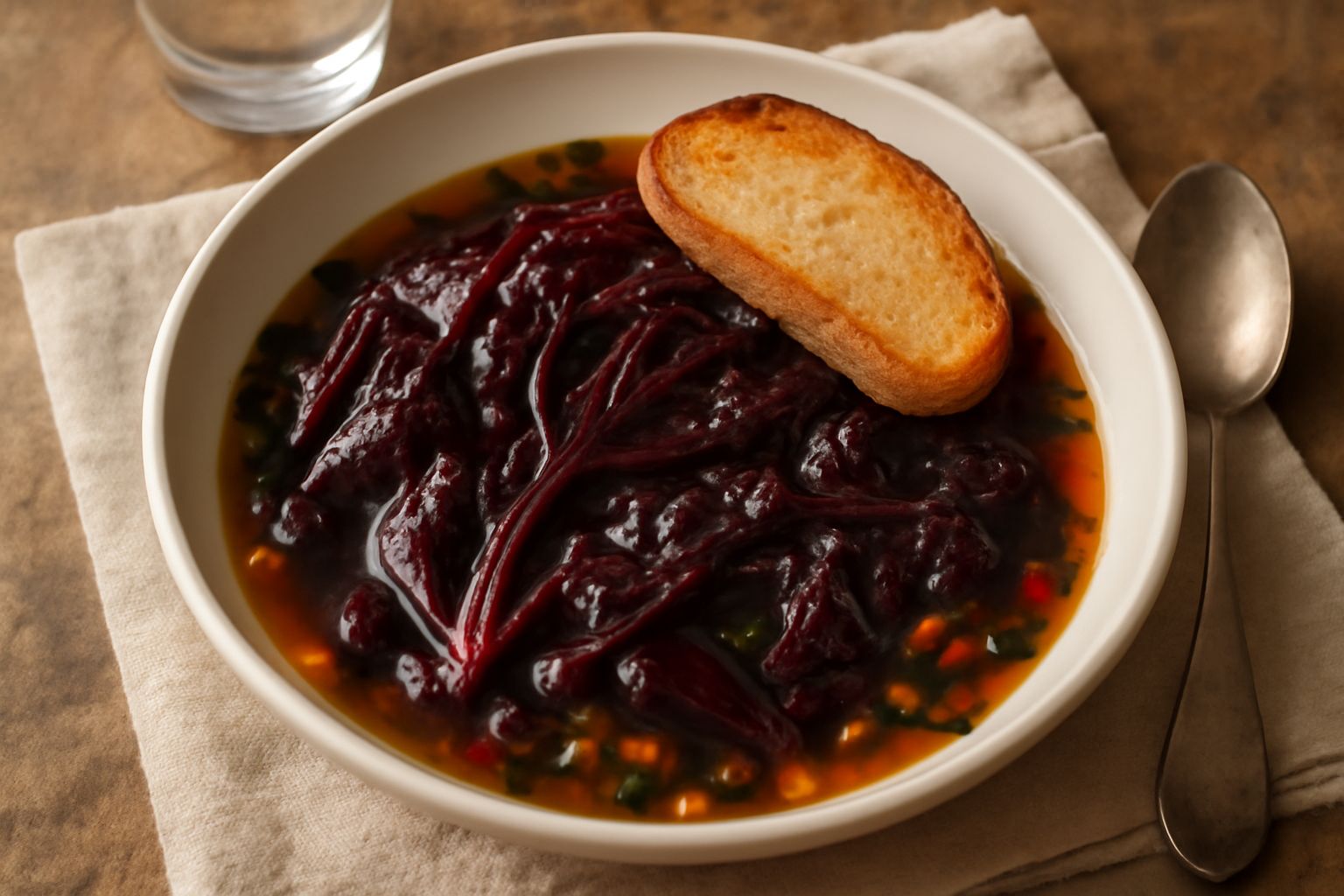Zuppa di bietola in ciotola bianca: foglie verde scuro morbide in brodo trasparente, verdure tagliate a dadini, fette di pane tostato sul bordo, vapore leggerissimo in superficie