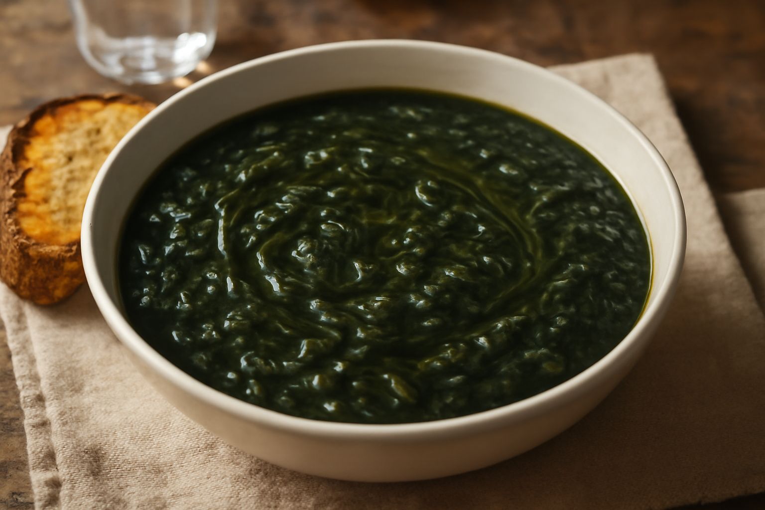 Zuppa di bietole cremosa e verde scuro servita in ciotola bianca, guarnita con filo di olio extravergine e pane tostato a lato, vapore ancora visibile dalla superficie
