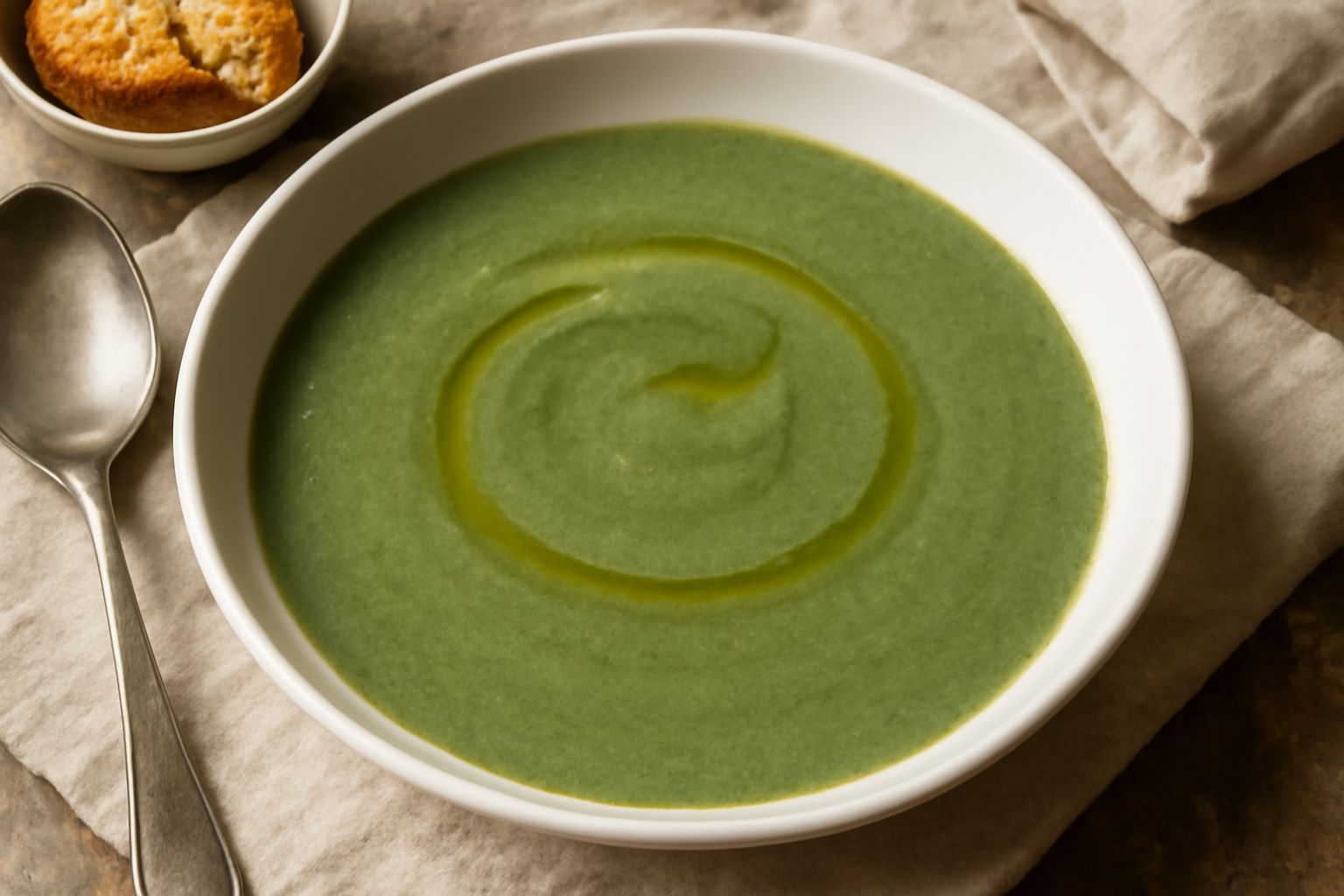 Zuppa di borragine di colore verde salvia in una ciotola bianca, liscia e cremosa, con un filo di olio di oliva in superficie, vapore leggero, cucchiaio di metallo sul bordo