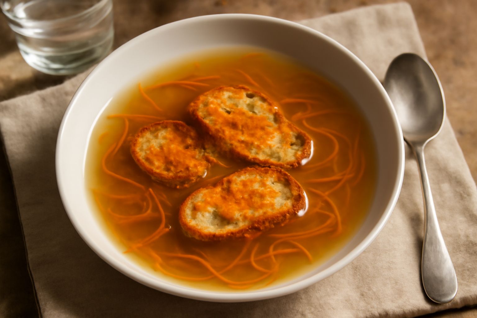 Zuppa di bottarga servita in ciotola bianca con brodo trasparente, crostini dorati e bottarga arancione grattugiata sulla superficie, contorno di prezzemolo fresco