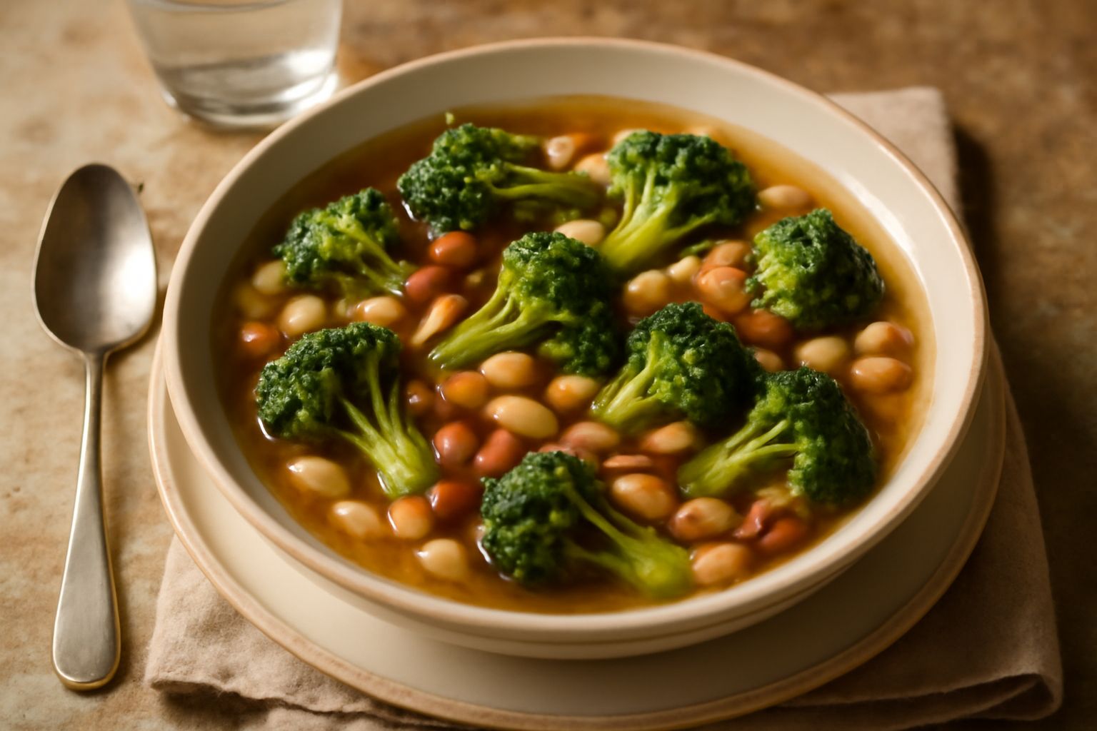 Zuppa di broccoletto e legumi in ciotola bianca, brodo trasparente e fumante, fiori di broccoletto verde scuro visibili in superficie, legumi ben cotti, gocce di olio extravergine sul bordo
