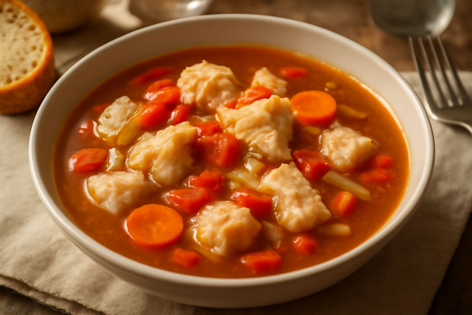 Zuppa di brodetto in ciotola bianca: brodo color ambrato trasparente con pezzi di pesce bianco, pomodori rossi, sedano e carota, decorata con prezzemolo fresco, condita con filo d'olio d'oliva