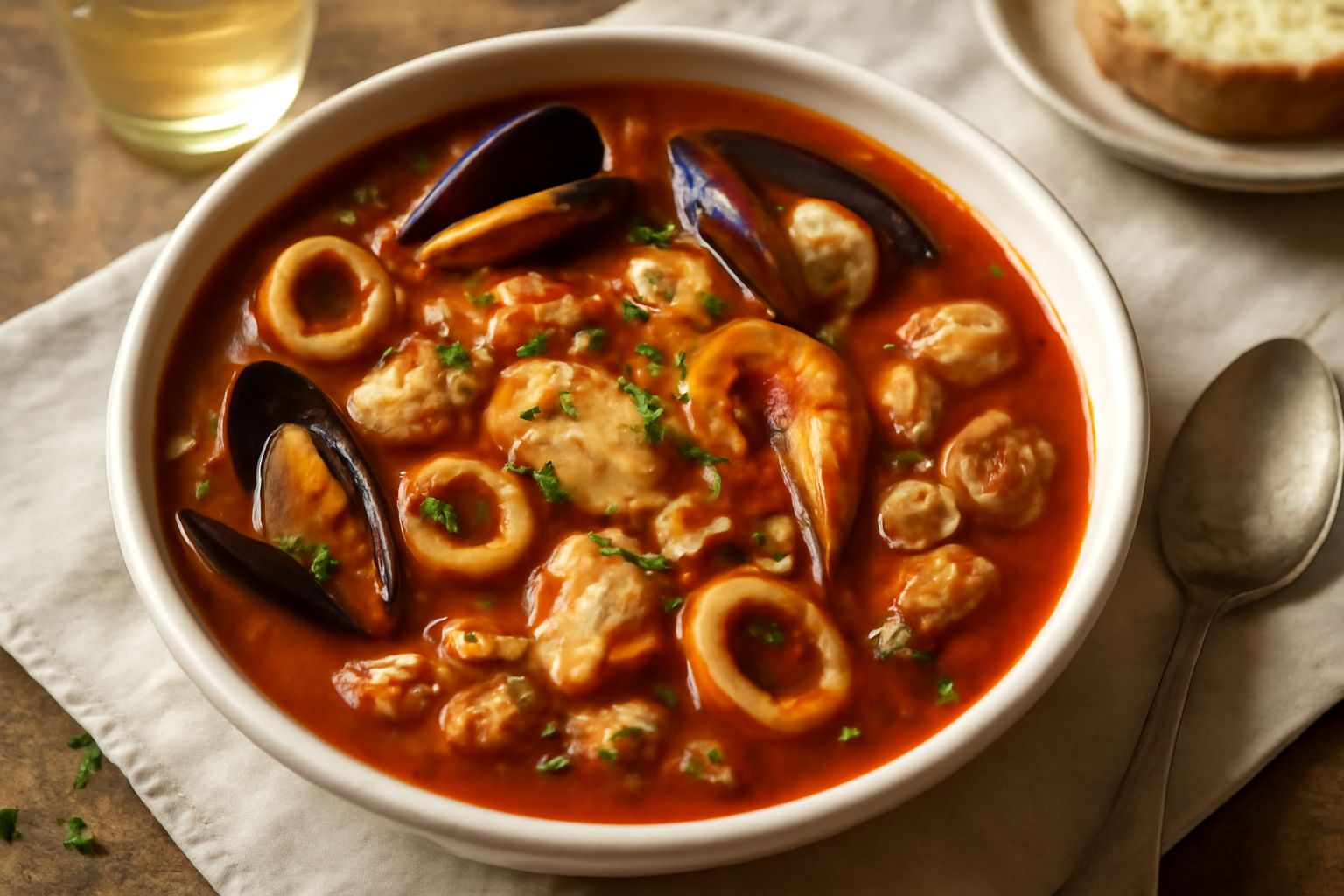 Zuppa di brodetto brindisino in una ciotola di ceramica: brodo rosso scuro con pezzi di pesce bianco, calamari, cozze aperte e gamberi, con fette di pane tostato sul bordo, prezzemolo fresco sopra