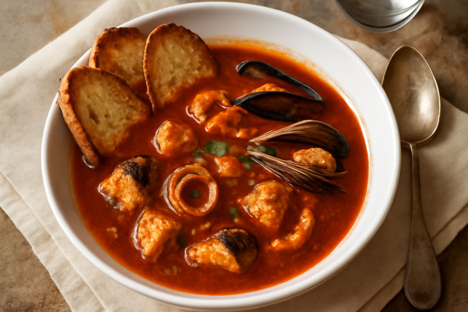 Ciotola di terracotta con zuppa di cacciucco: brodo rosso scuro con pezzi di pesce misto visibili, molluschi aperti, fette di pane tostato appoggiate sul bordo, prezzemolo fresco tritato in superficie