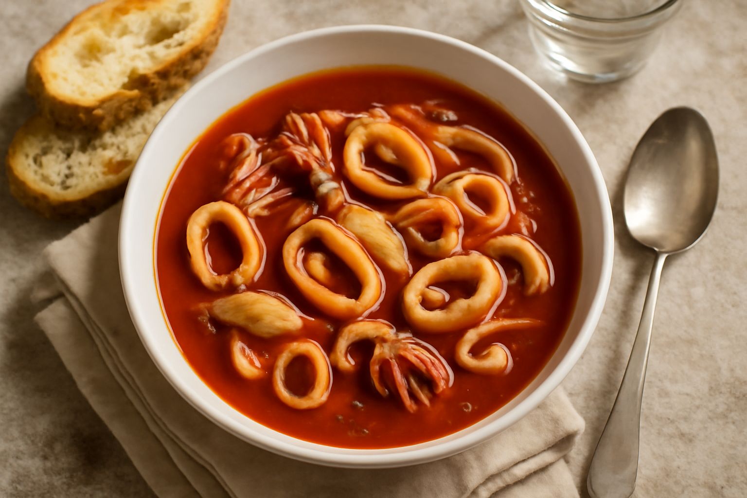 Zuppa di calamaretti fumante in ciotola bianca, con calamaretti interi di colore rosa pallido in brodo di pomodoro rosso, accompagnato da pane tostato accanto